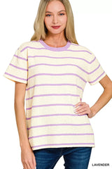 Zenana Textured Striped Crew Neck T-Shirt - Trendsi - Flyclothing LLC