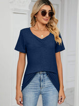 Ruched V-Neck Short Sleeve T-Shirt - Trendsi - Flyclothing LLC
