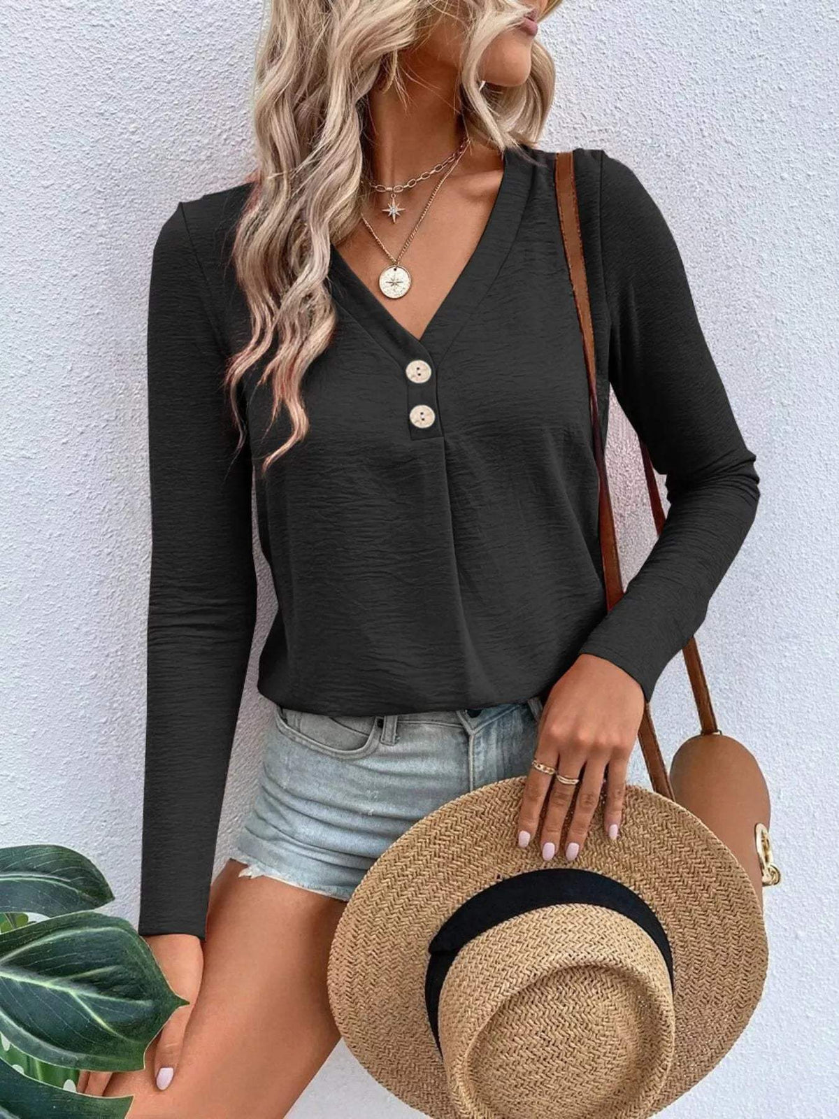 Full Size V-Neck Decor Button Long Sleeve T-Shirt Plus Size - Trendsi - Flyclothing LLC