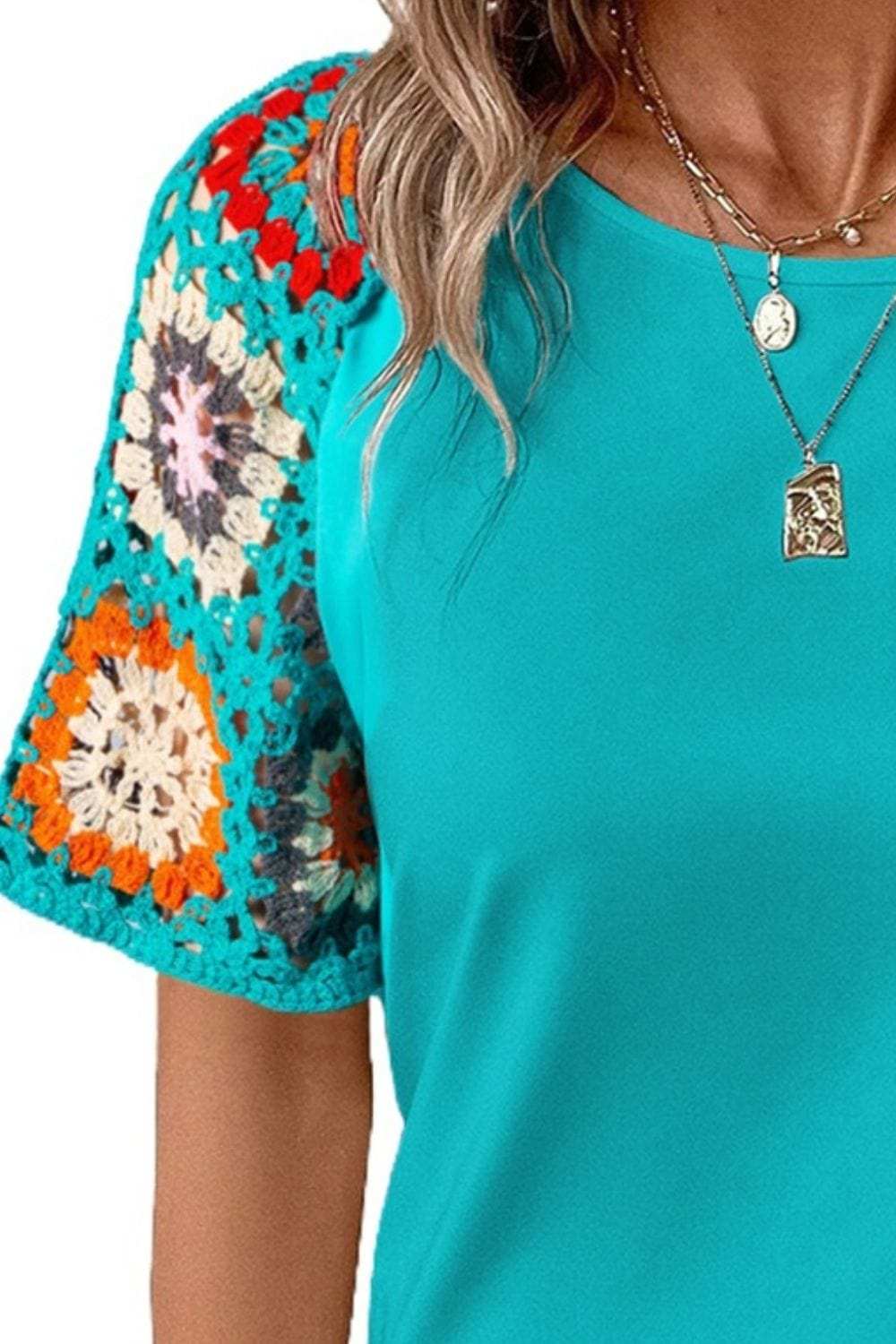 Geometric Round Neck Short Sleeve Blouse - Trendsi - Flyclothing LLC