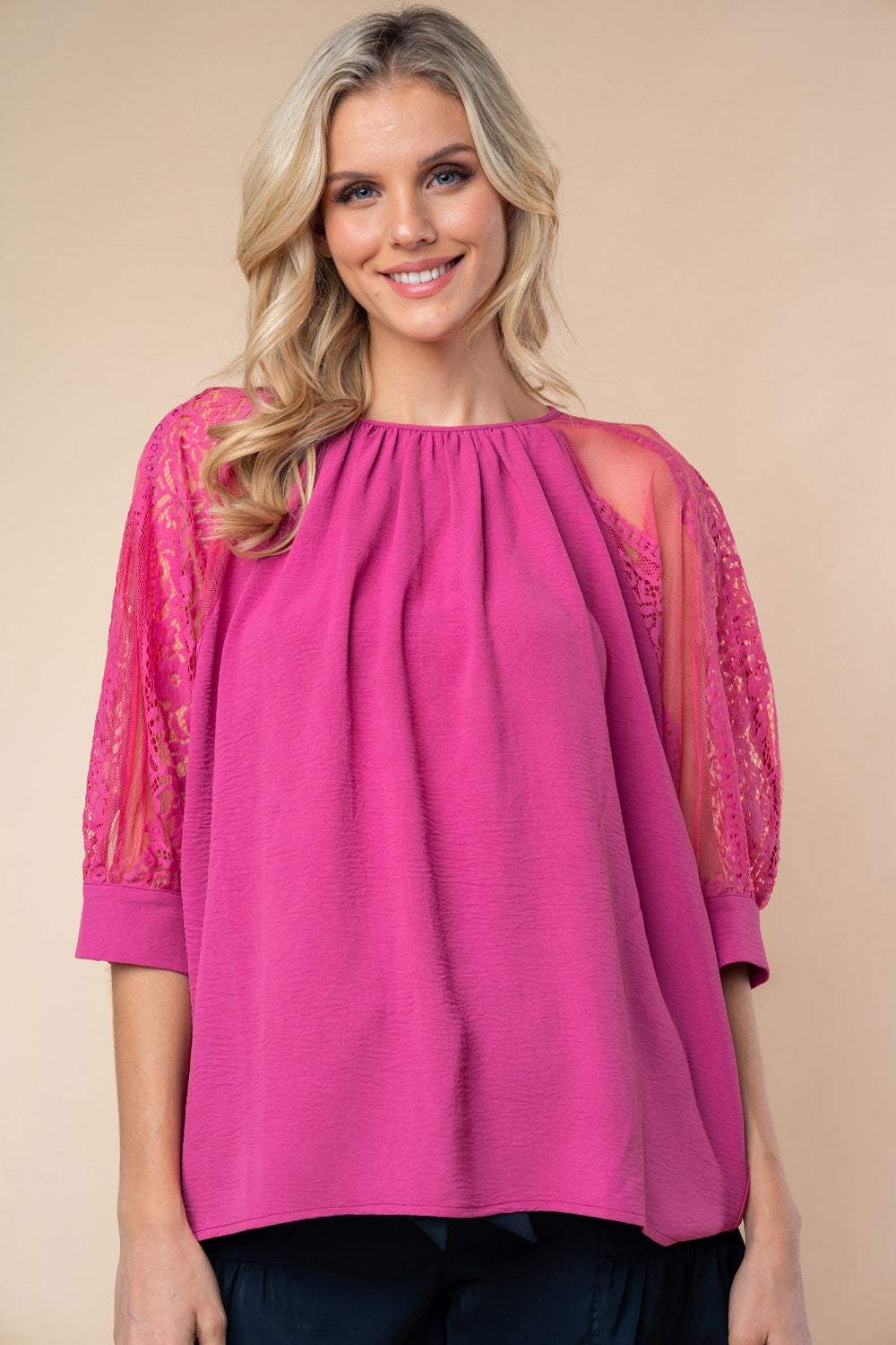 White Birch Round Neck Lace Half Sleeve Blouse - Trendsi - Flyclothing LLC