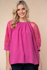 White Birch Round Neck Lace Half Sleeve Blouse - Trendsi - Flyclothing LLC