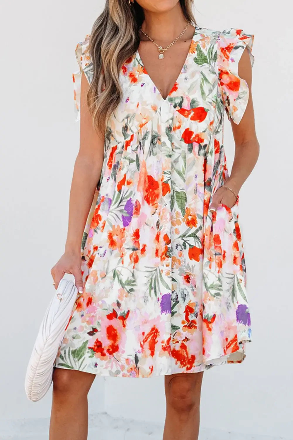 Floral Double Ruffle Sleeve V Neck Mini Dress - Trendsi - Flyclothing LLC