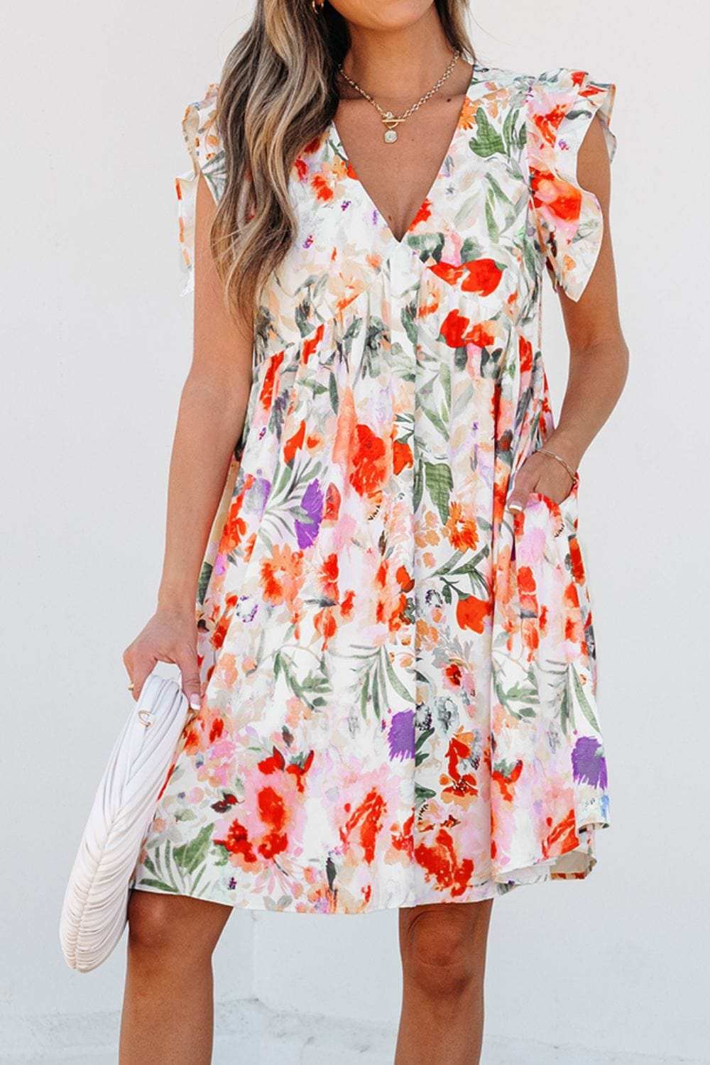 Floral Double Ruffle Sleeve V Neck Mini Dress - Trendsi - Flyclothing LLC