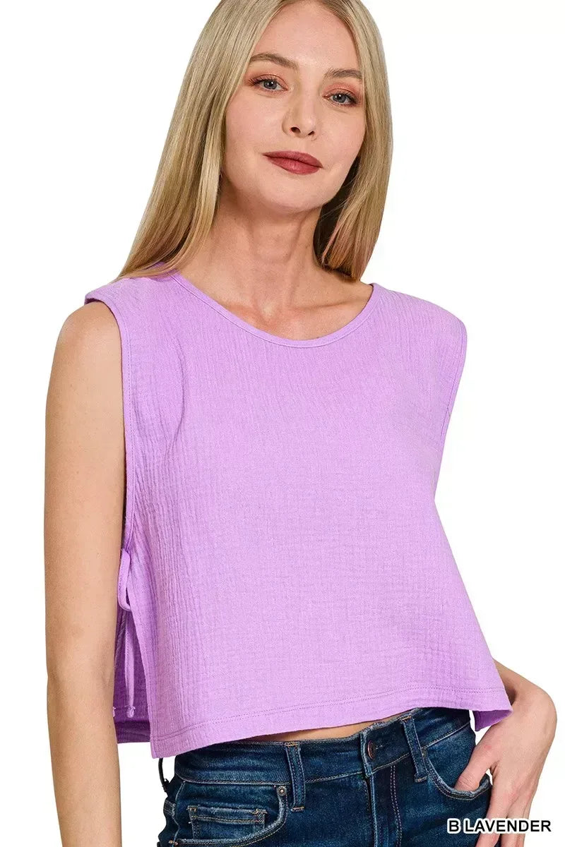 Zenana Double Gauze Side Tie Sleeveless Top - Trendsi - Flyclothing LLC