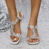 Flower Square Toe Block Heel Sandals - Trendsi - Flyclothing LLC