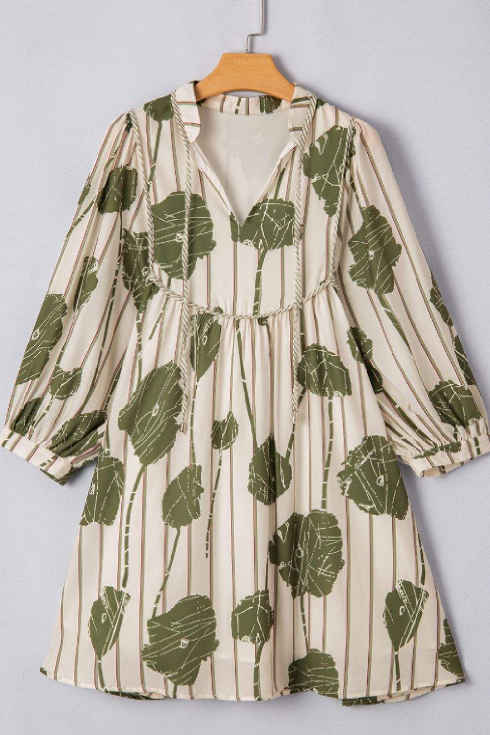 Printed Tie Neck Three-Quarter Sleeve Mini Dress - Trendsi - Flyclothing LLC