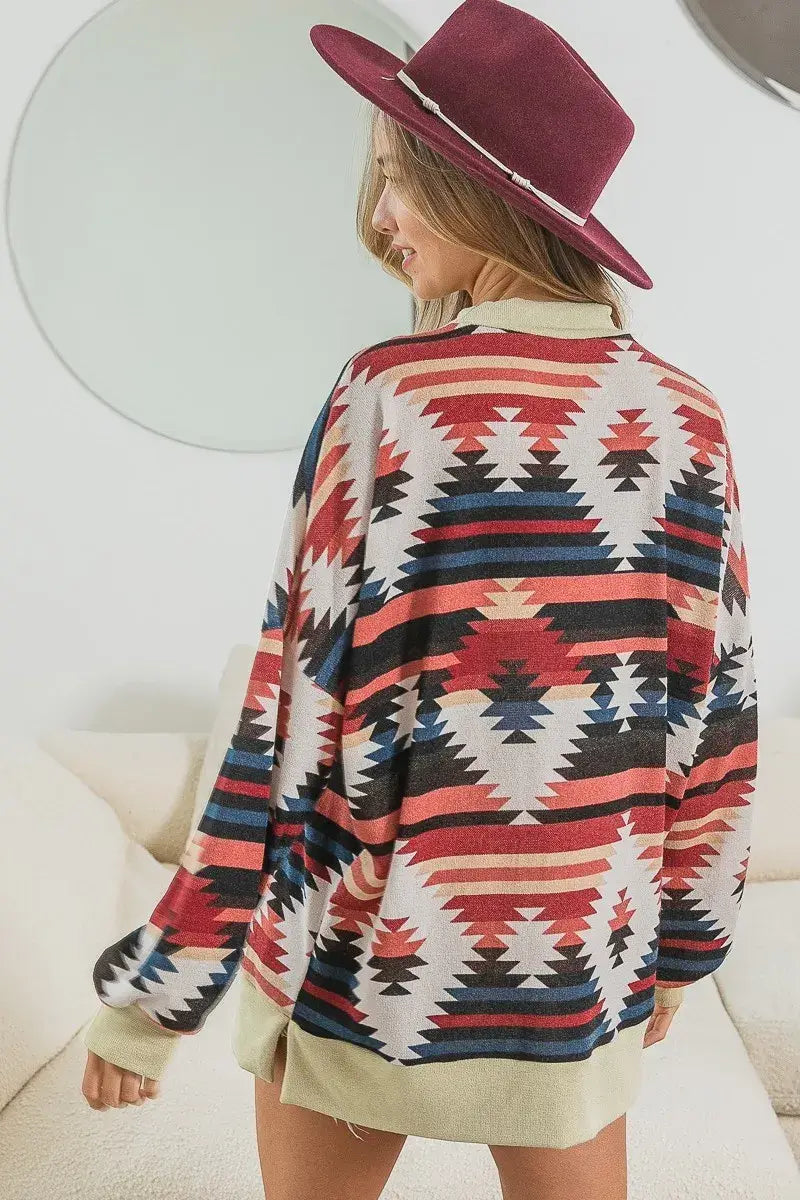 BiBi Aztec Print Mirr Mock Neck Lslv Top - Trendsi - Flyclothing LLC
