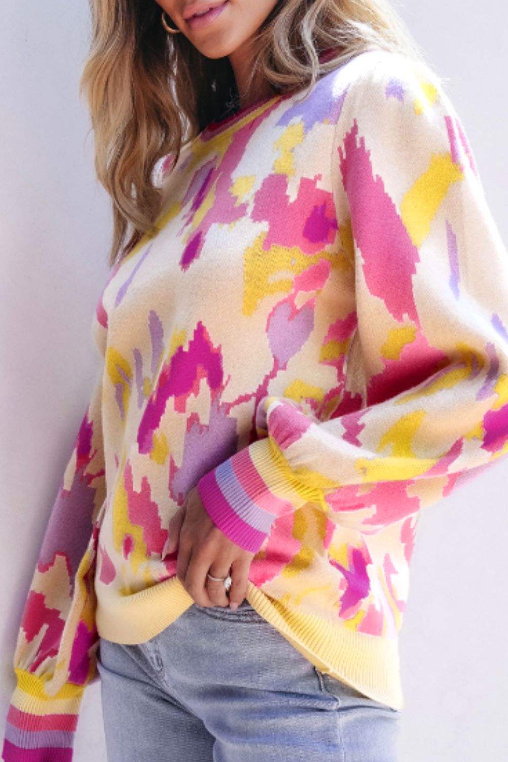 Contrast Round Neck Long Sleeve Sweater - Trendsi - Flyclothing LLC