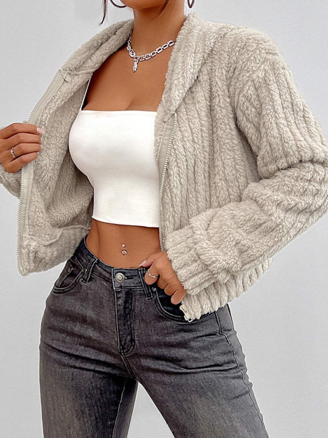 Zip Up Long Sleeve Fuzzy Hooded Jacket - Trendsi - Flyclothing LLC