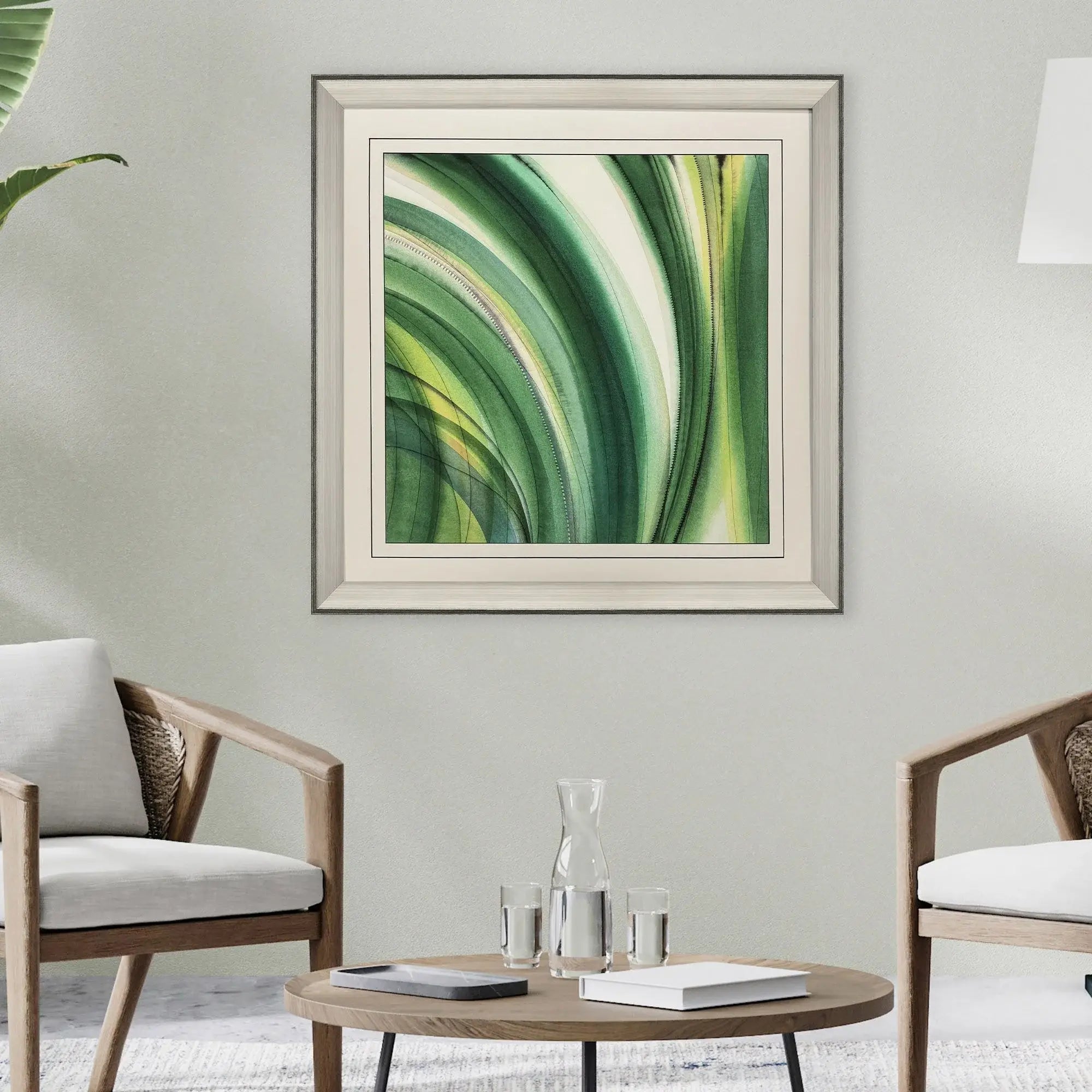 Modern Abstract Green Curvy Leaves Silver Framed Wall Art - Homeroots - Flyclothing LLC
