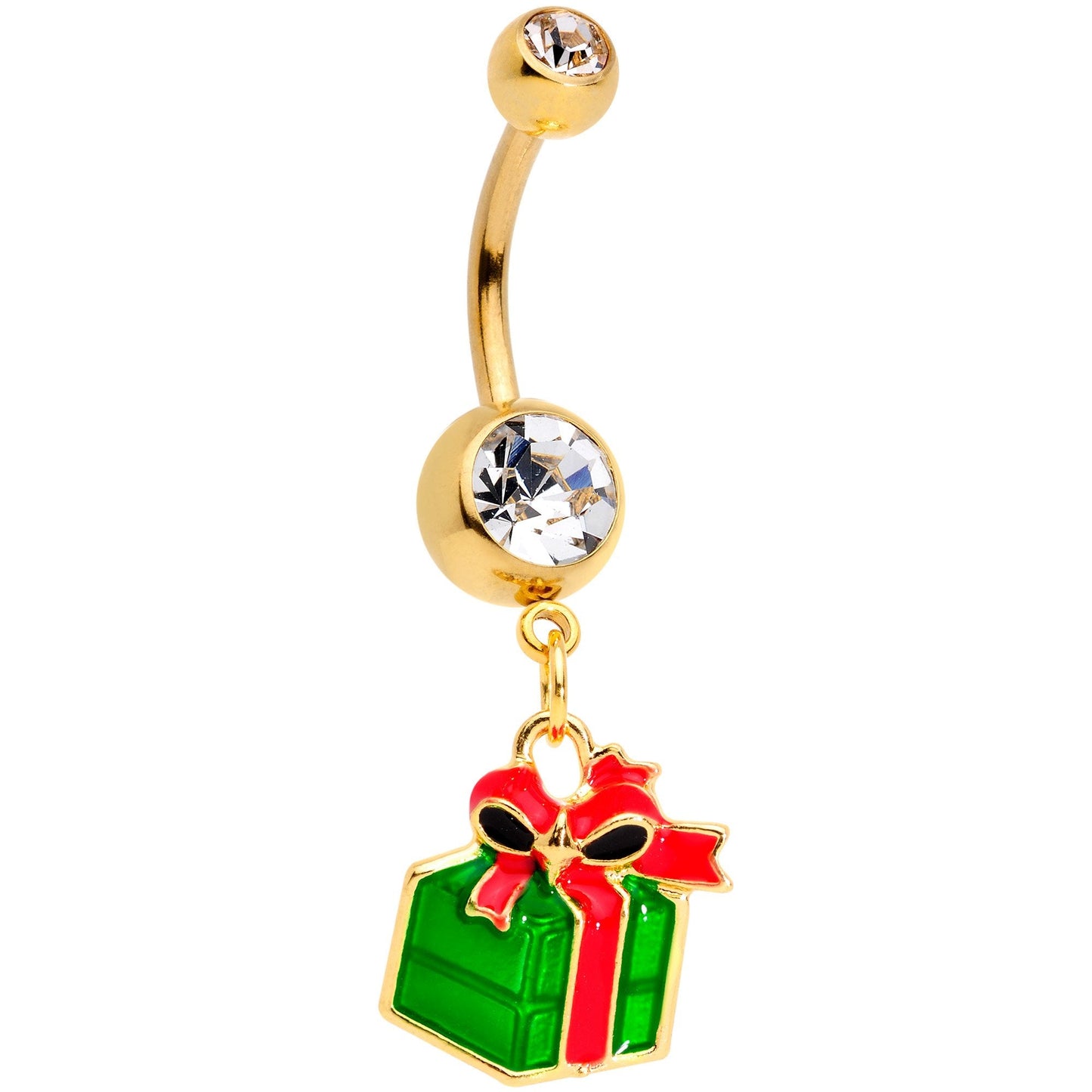 Clear Gem Gold Tone Green Red Happy Holiday Gift Dangle Belly Ring - BodyCandy - Flyclothing LLC