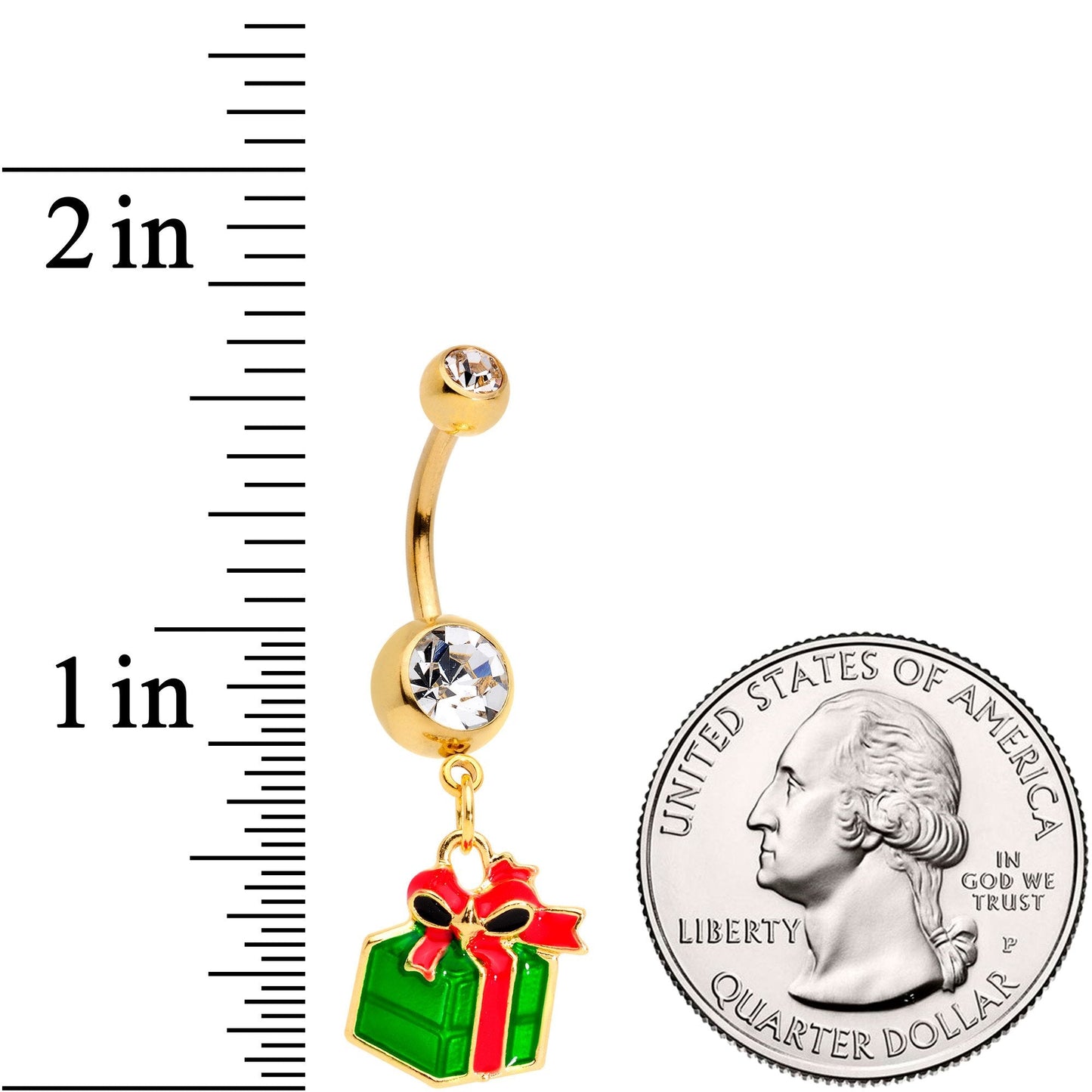 Clear Gem Gold Tone Green Red Happy Holiday Gift Dangle Belly Ring - BodyCandy - Flyclothing LLC