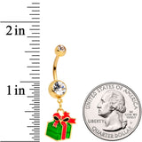 Clear Gem Gold Tone Green Red Happy Holiday Gift Dangle Belly Ring - BodyCandy - Flyclothing LLC