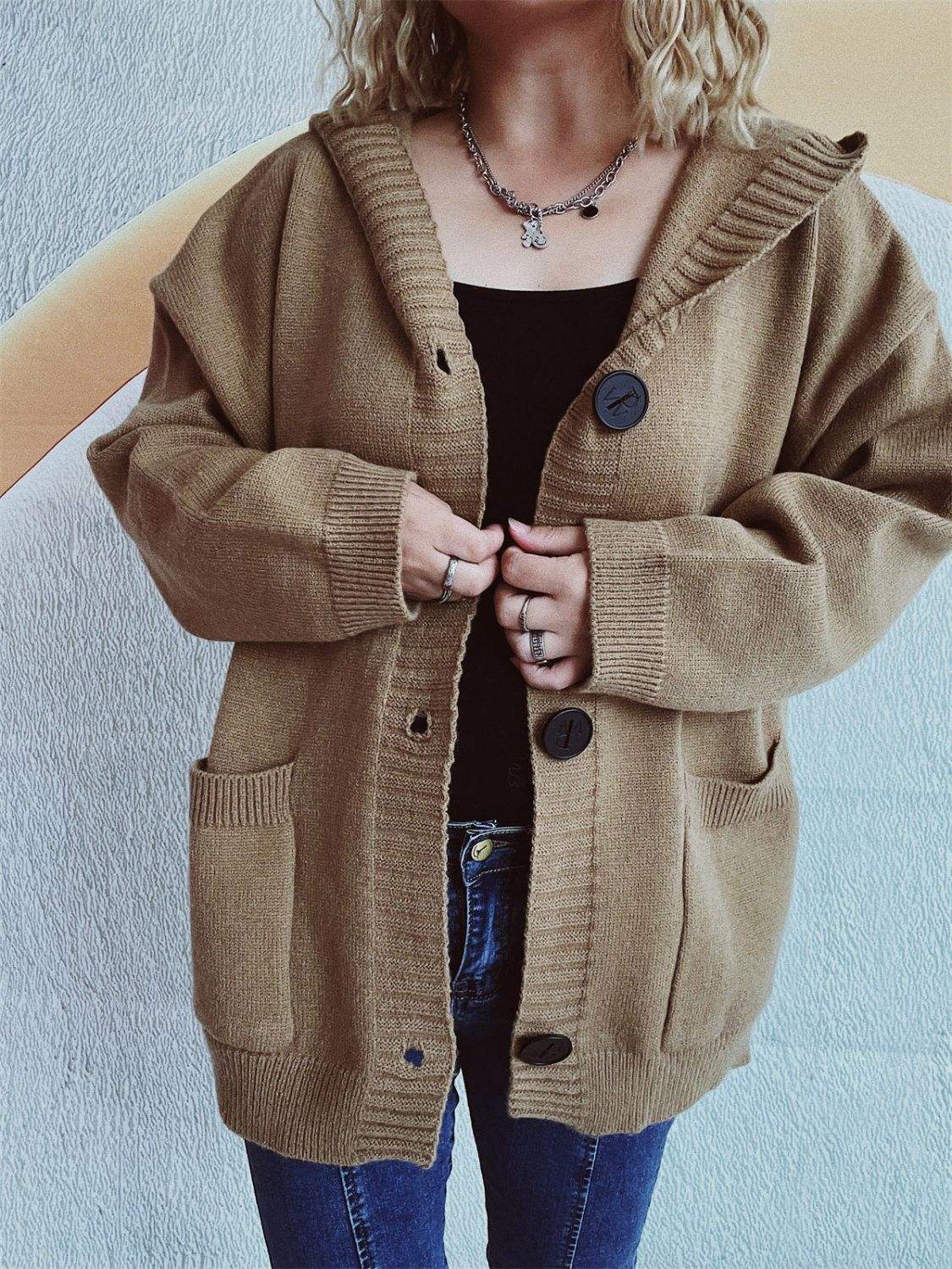 Dropped Shoulder Long Sleeve Hooded Cardigan - Trendsi - Flyclothing LLC
