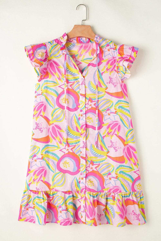 Ruffled Printed Cap Sleeve Mini Dress - Trendsi - Flyclothing LLC