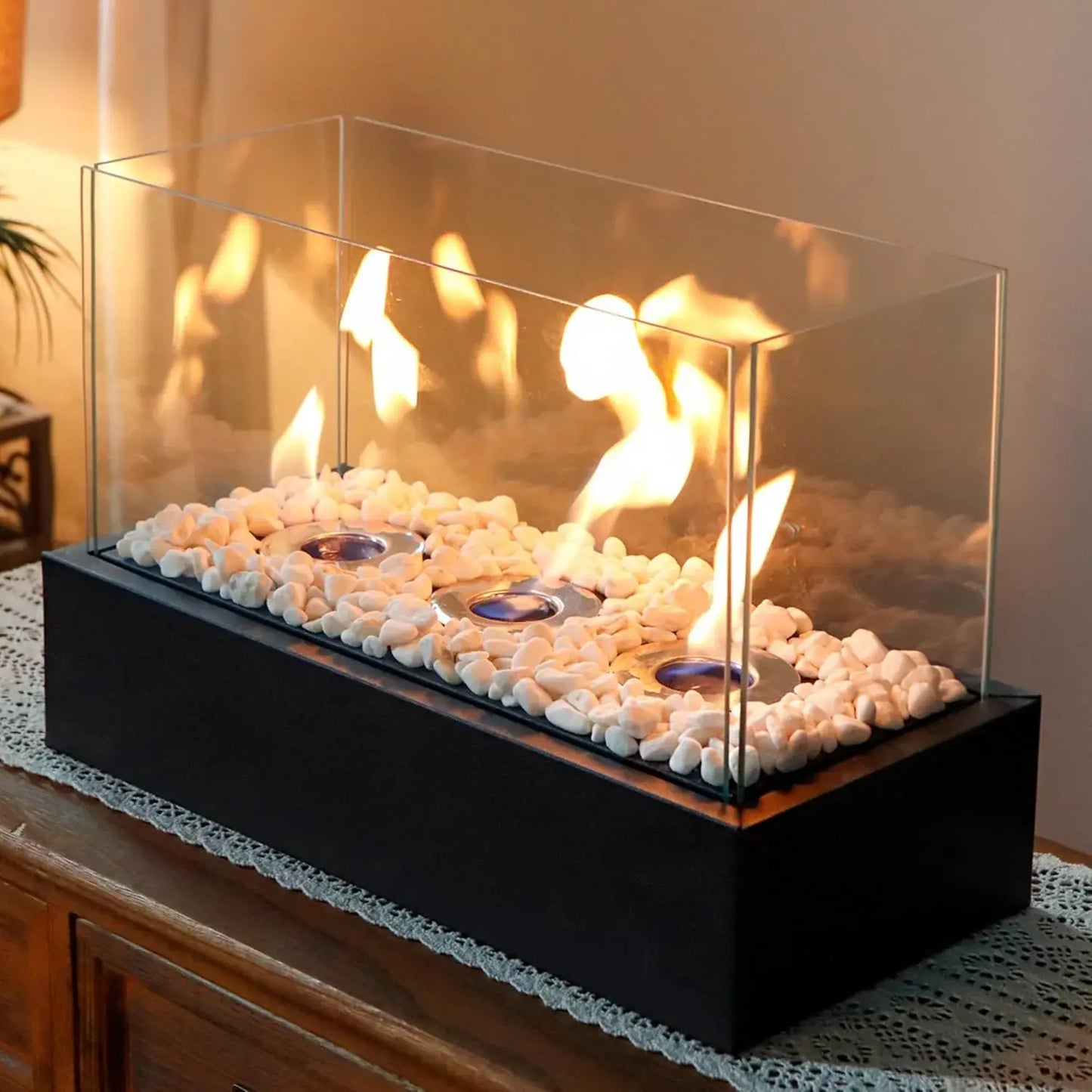 18" Black And Clear Stainless Steel And Glass Bioethanol Portable Tabletop Firepit - Homeroots - Flyclothing LLC
