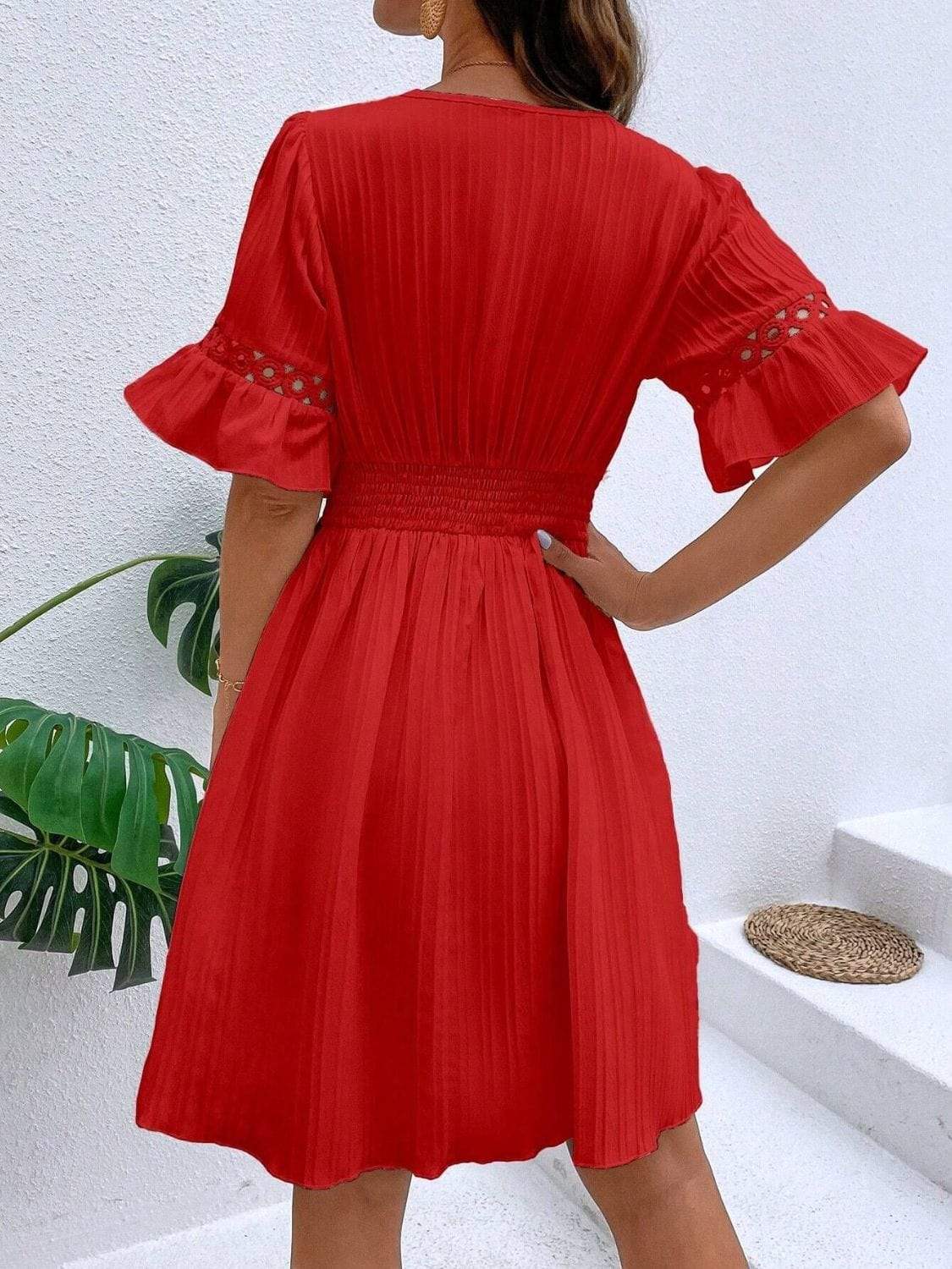 Cutout V-Neck Flounce Sleeve Mini Dress - Trendsi - Flyclothing LLC