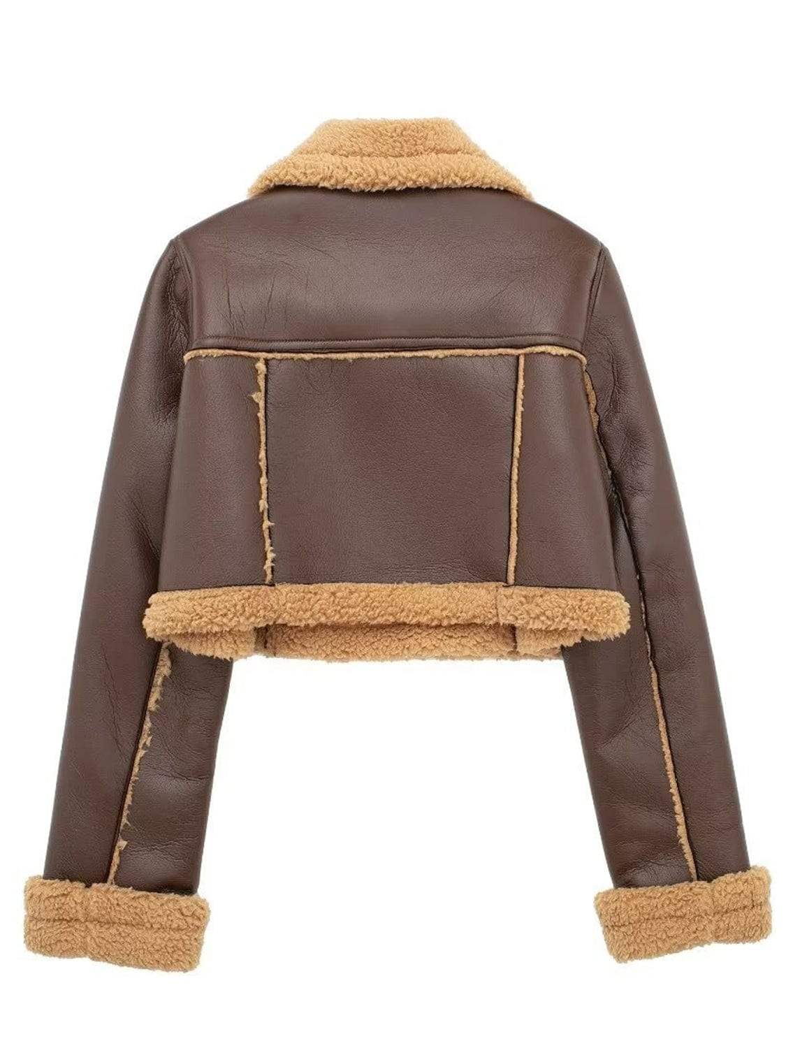 Collared Neck Long Sleeve Plush Cropped Jacket - Trendsi - Flyclothing LLC