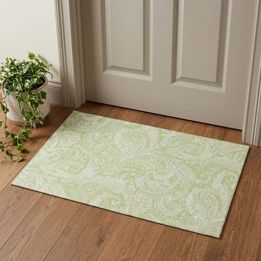 3' X 5' Artichoke Green And Ivory Paisley Washable Area Rug With UV Protection - HomeRoots - Flyclothing LLC