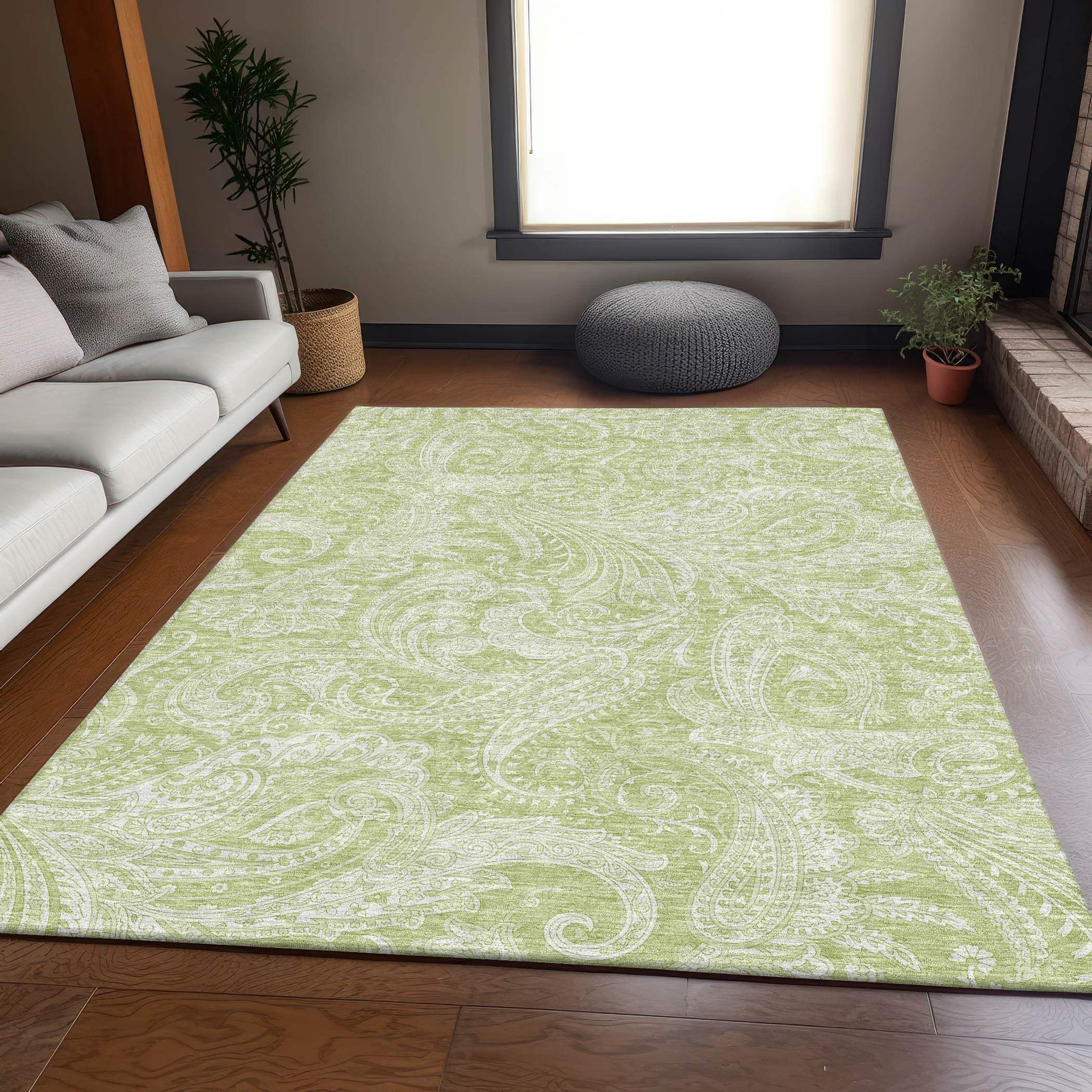 3' X 5' Artichoke Green And Ivory Paisley Washable Area Rug With UV Protection - HomeRoots - Flyclothing LLC