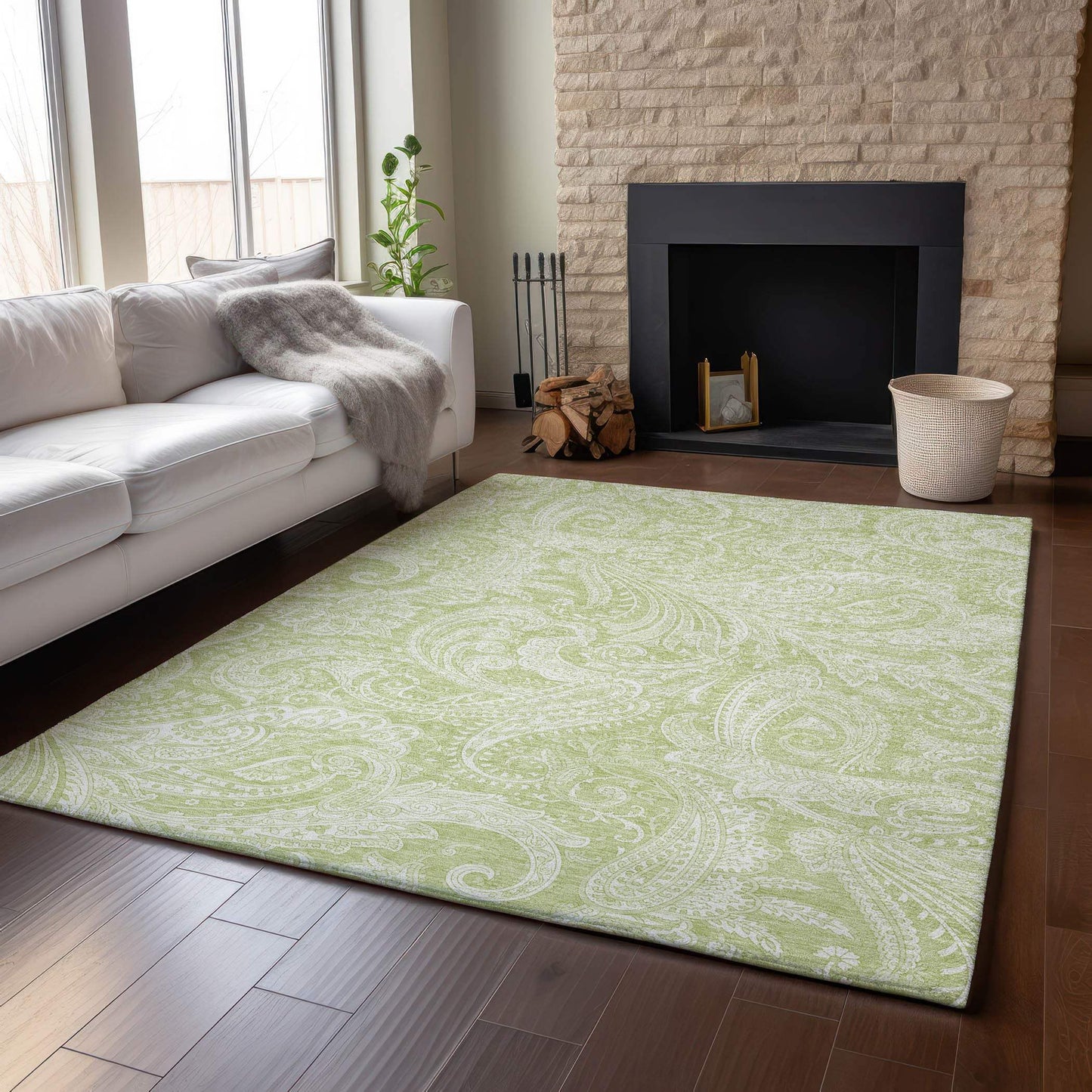 3' X 5' Artichoke Green And Ivory Paisley Washable Area Rug With UV Protection - HomeRoots - Flyclothing LLC