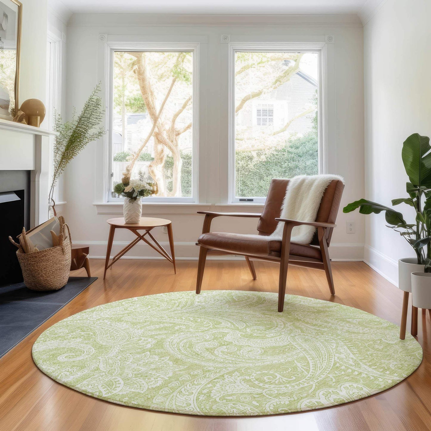 8' Artichoke Green And Ivory Paisley Washable Round Rug With UV Protection - HomeRoots - Flyclothing LLC