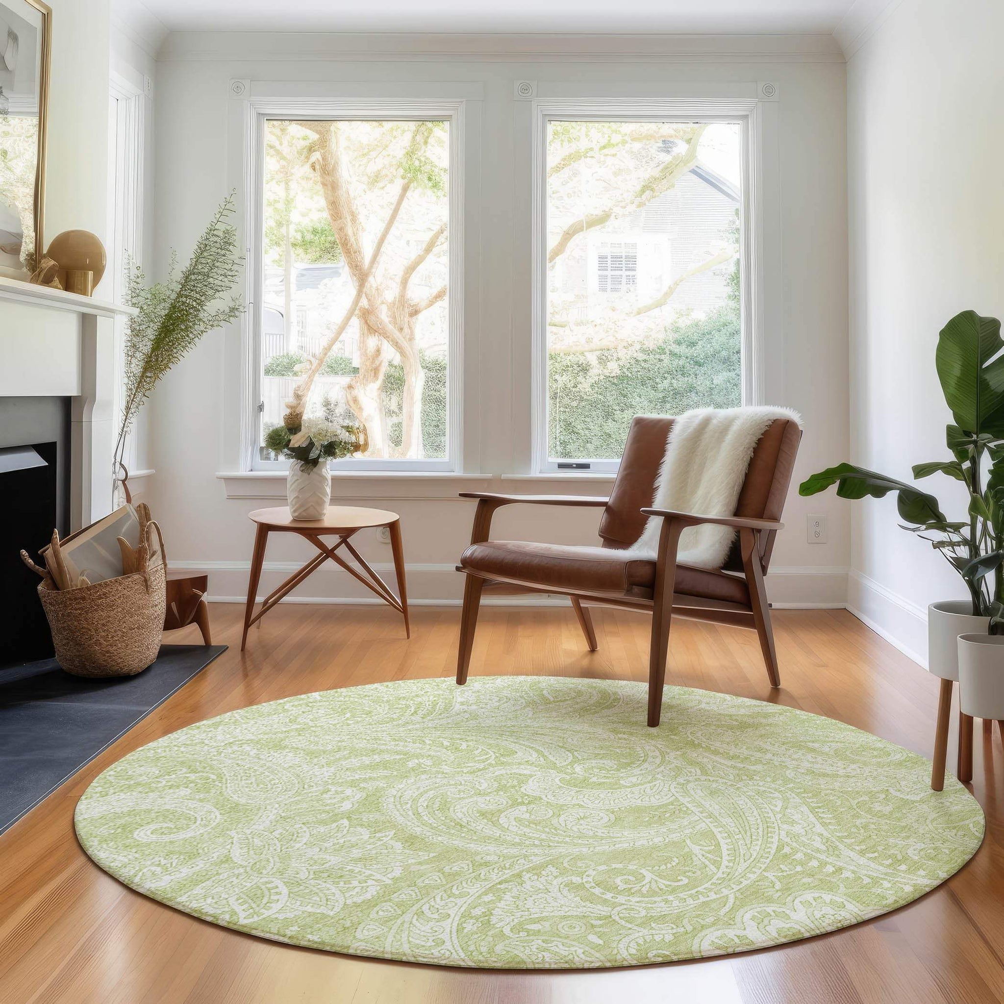 8' Artichoke Green And Ivory Paisley Washable Round Rug With UV Protection - HomeRoots - Flyclothing LLC