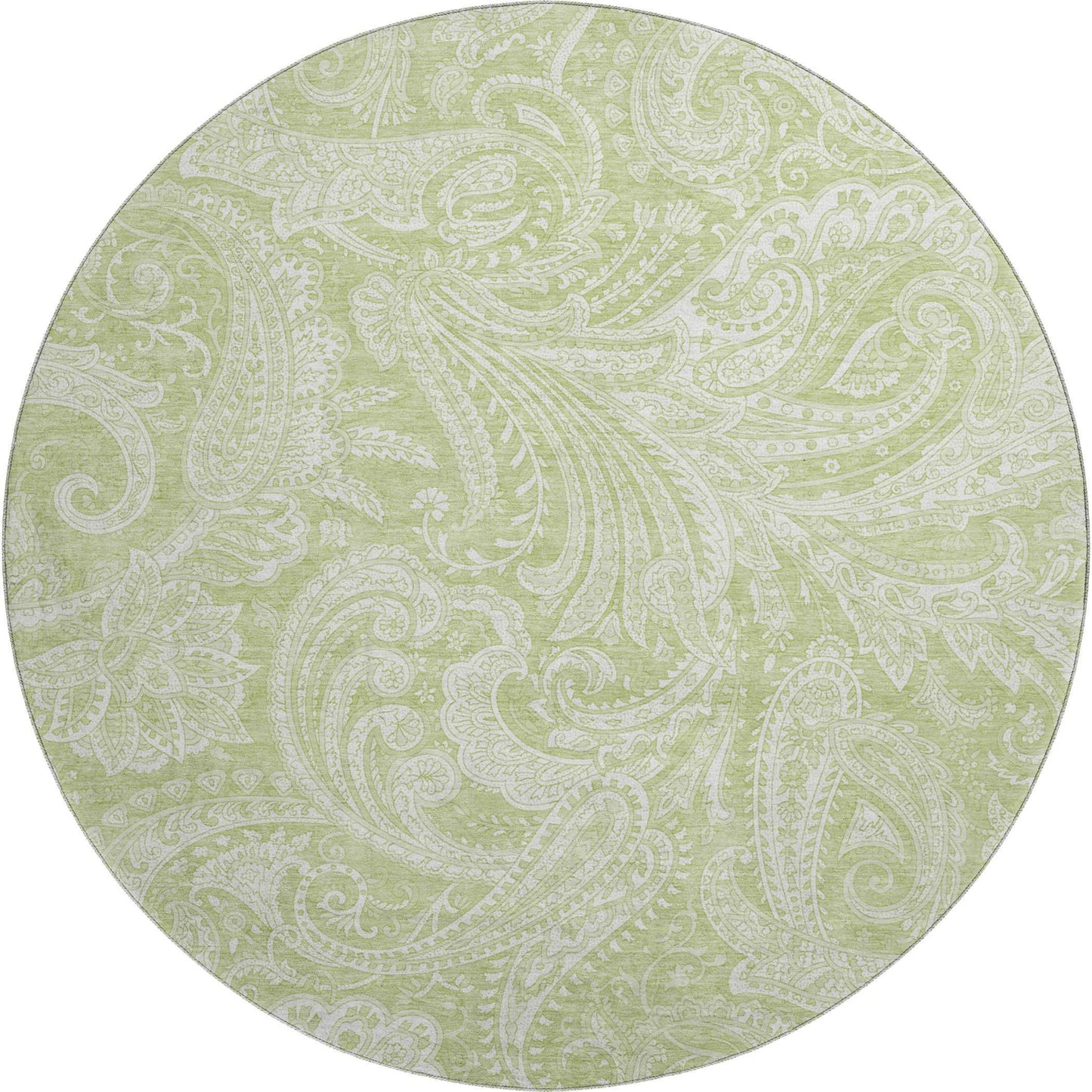 8' Artichoke Green And Ivory Paisley Washable Round Rug With UV Protection - HomeRoots - Flyclothing LLC