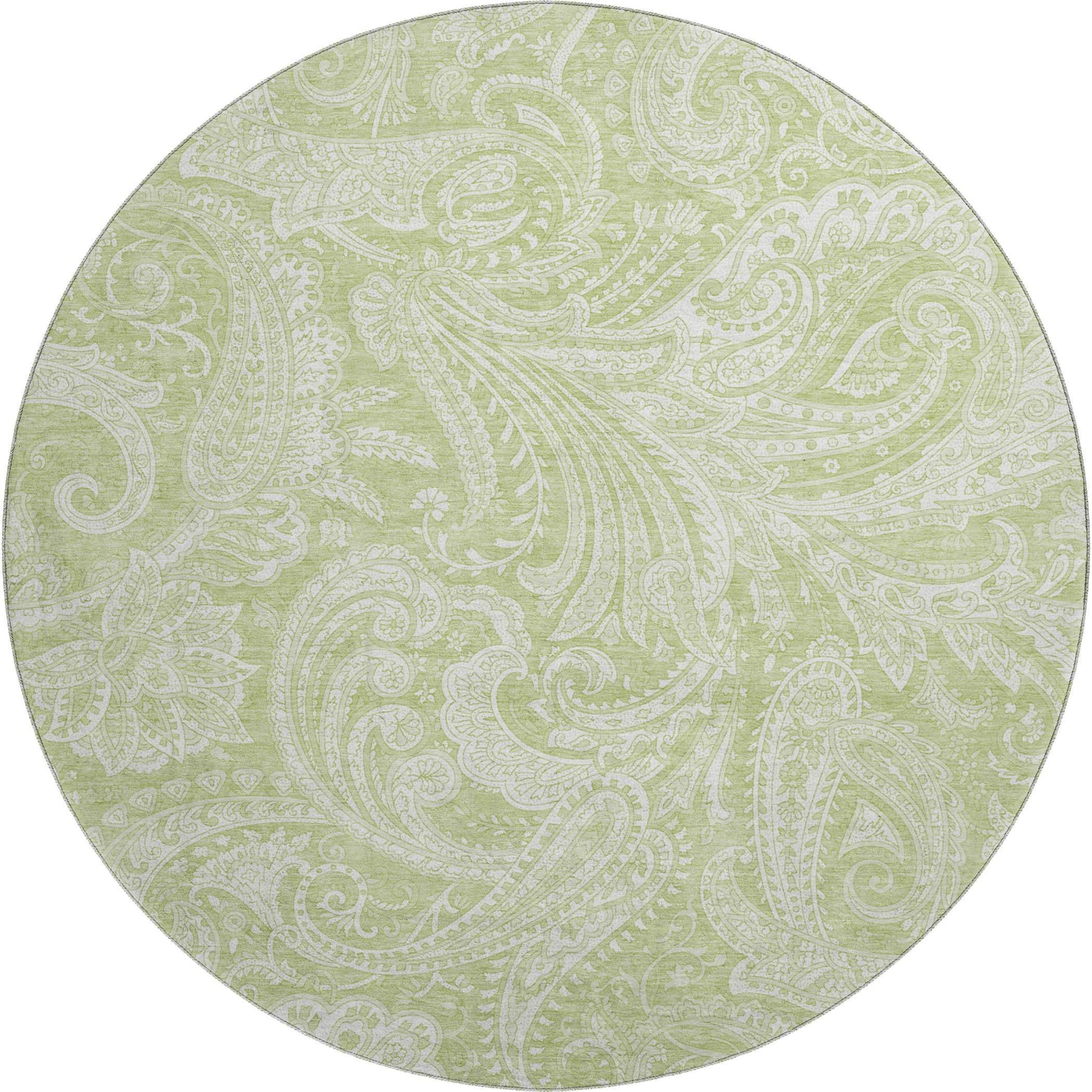 8' Artichoke Green And Ivory Paisley Washable Round Rug With UV Protection - HomeRoots - Flyclothing LLC