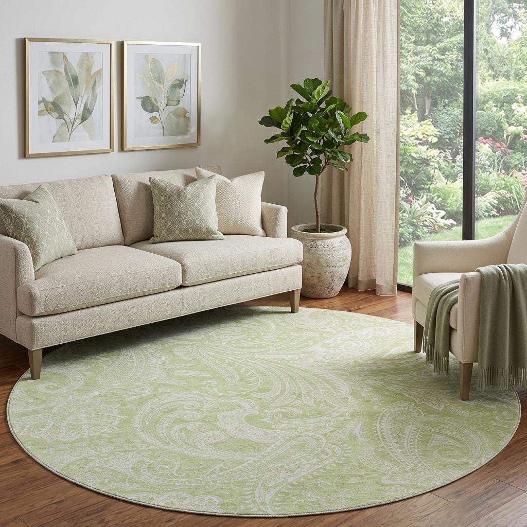 8' Artichoke Green And Ivory Paisley Washable Round Rug With UV Protection - HomeRoots - Flyclothing LLC