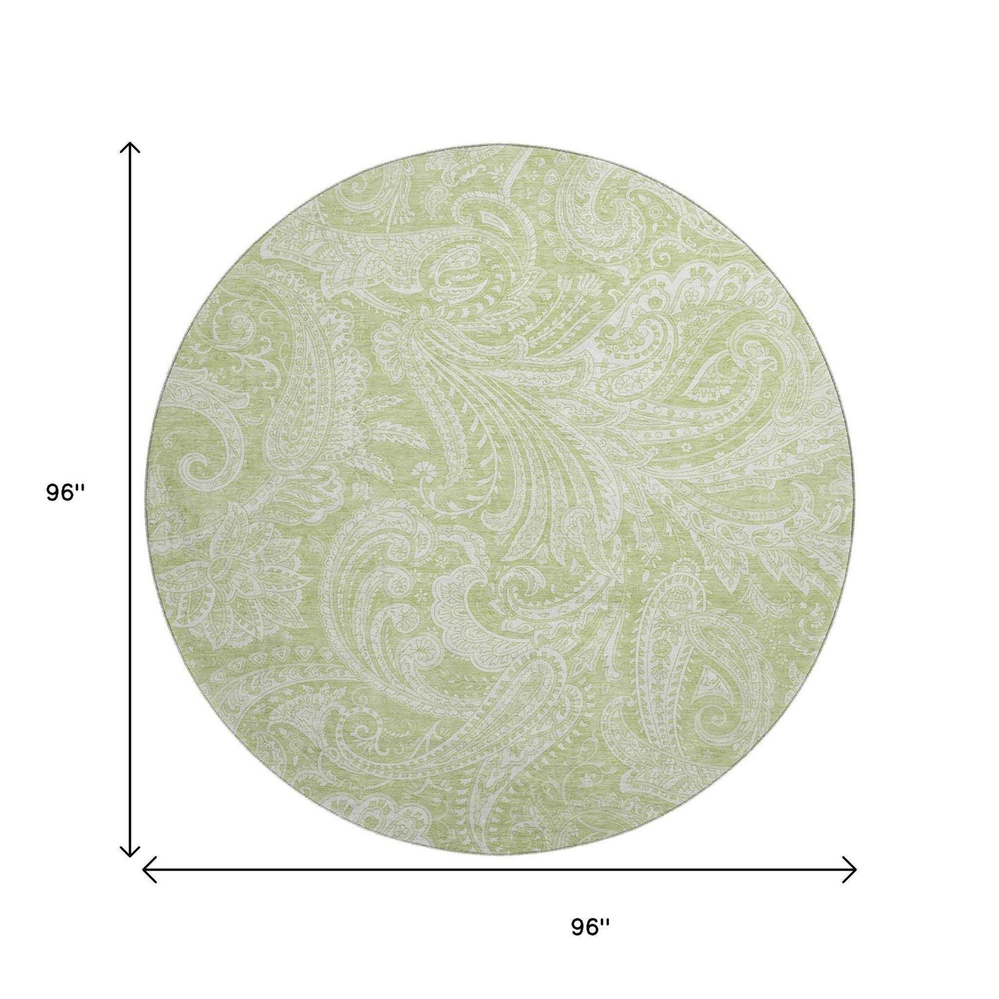 8' Artichoke Green And Ivory Paisley Washable Round Rug With UV Protection - HomeRoots - Flyclothing LLC