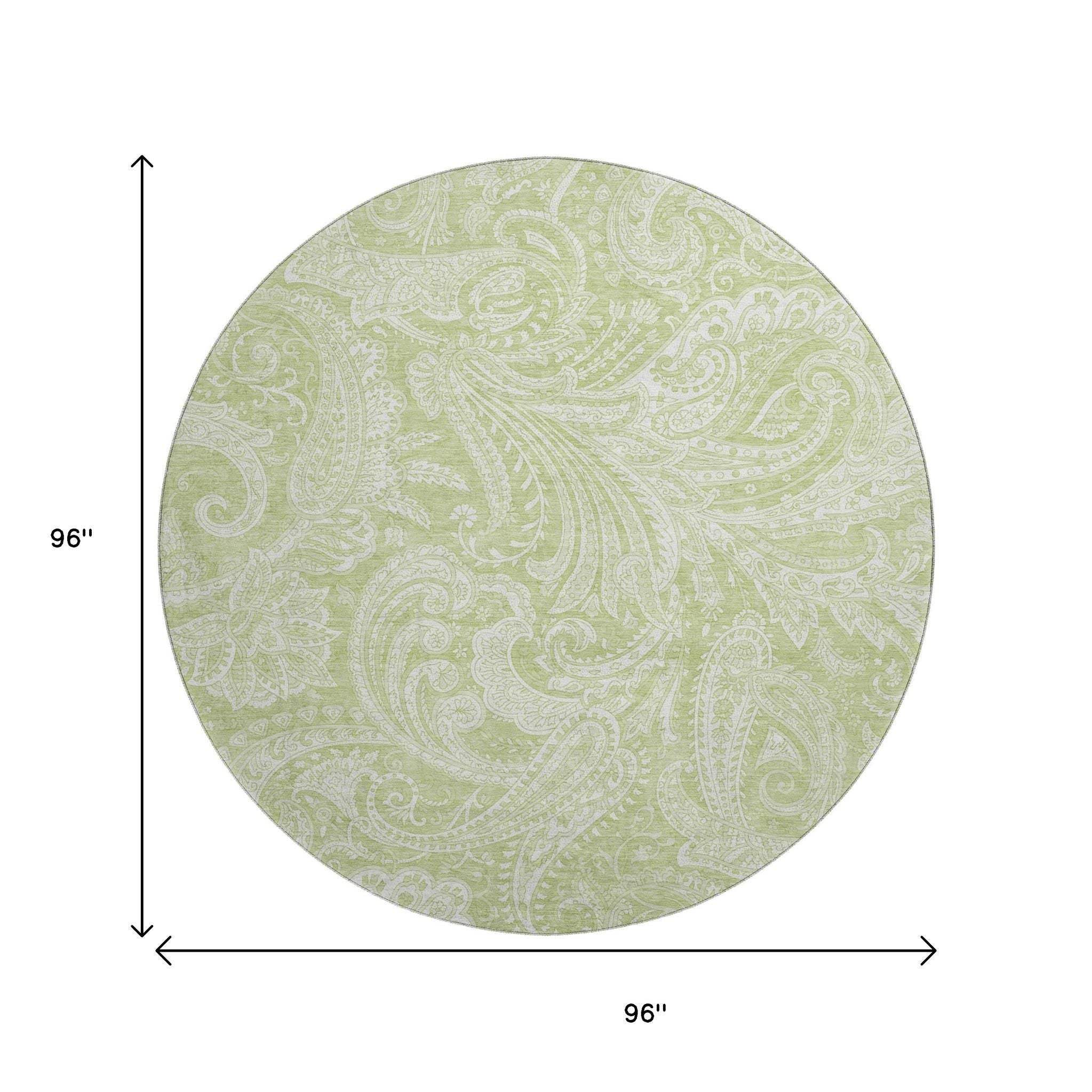 8' Artichoke Green And Ivory Paisley Washable Round Rug With UV Protection - HomeRoots - Flyclothing LLC