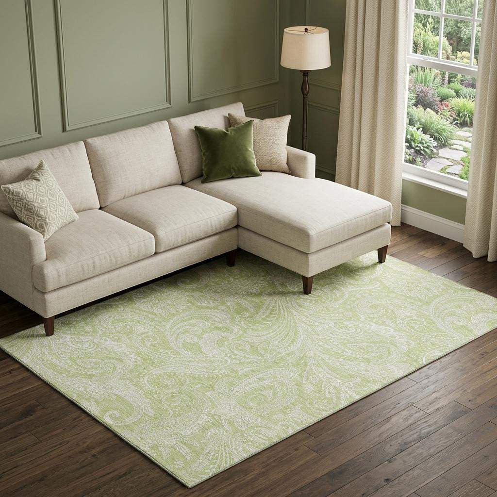 8' X 10' Artichoke Green And Ivory Paisley Washable Area Rug With UV Protection - HomeRoots - Flyclothing LLC