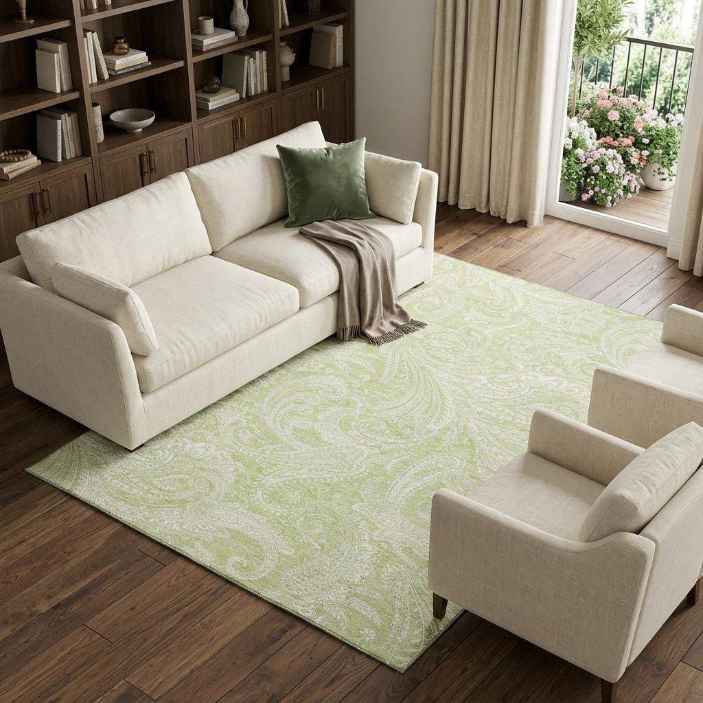 9' X 12' Artichoke Green And Ivory Paisley Washable Area Rug With UV Protection - HomeRoots - Flyclothing LLC
