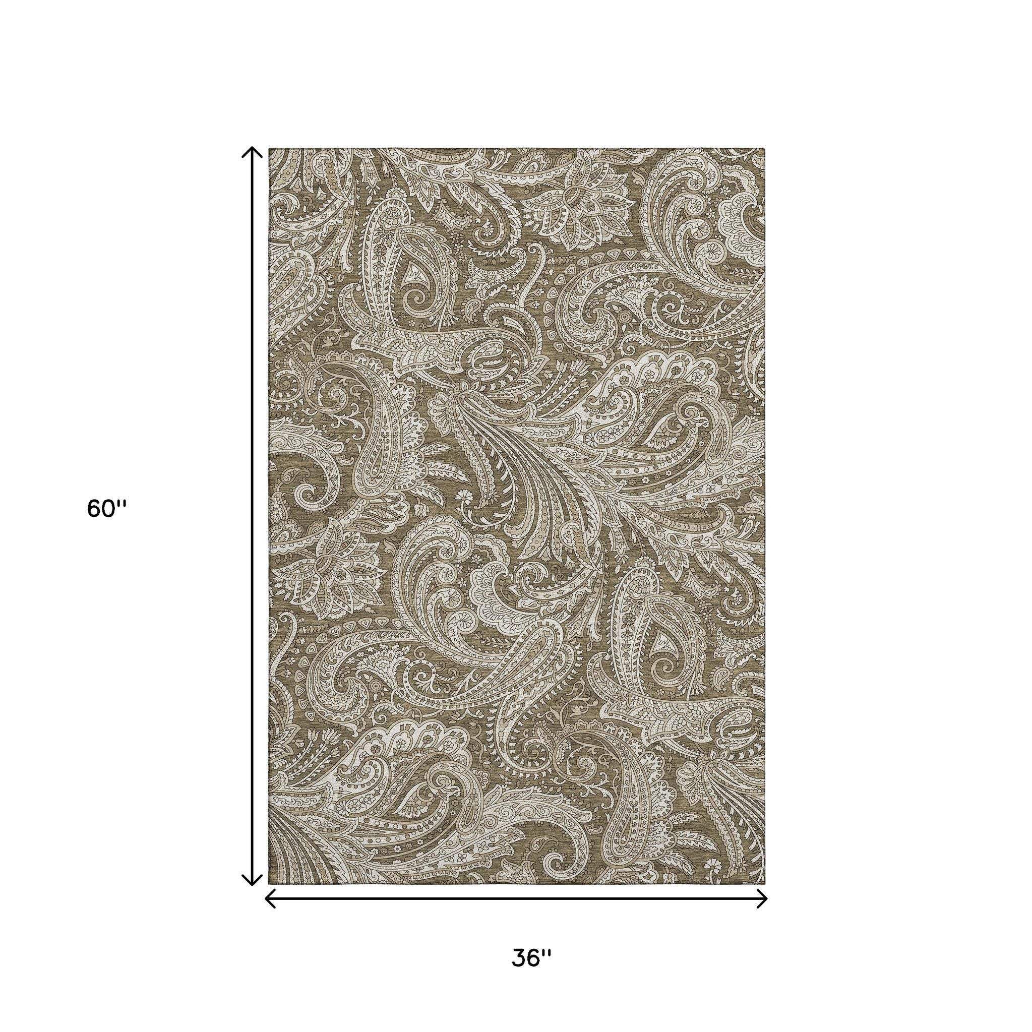 3' X 5' Chocolate And Ivory Paisley Washable Area Rug With UV Protection - HomeRoots - Flyclothing LLC
