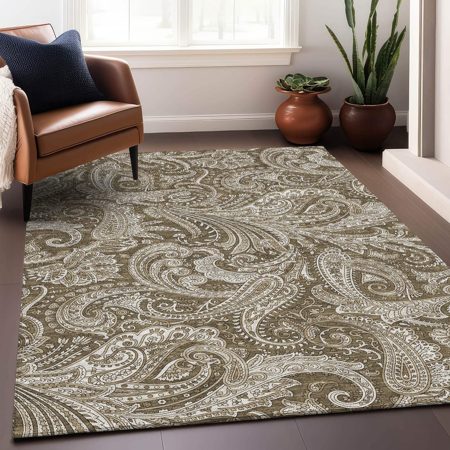 3' X 5' Chocolate And Ivory Paisley Washable Area Rug With UV Protection - HomeRoots - Flyclothing LLC