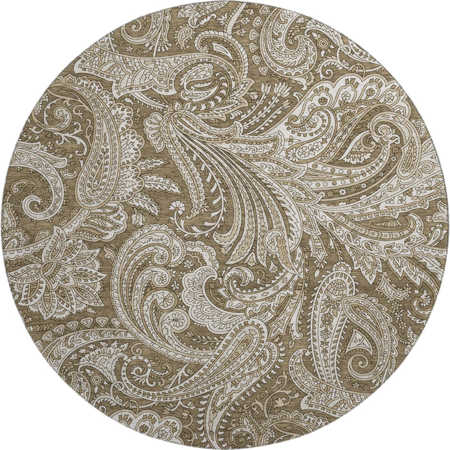 8' Chocolate And Ivory Paisley Washable Round Rug With UV Protection - HomeRoots - Flyclothing LLC