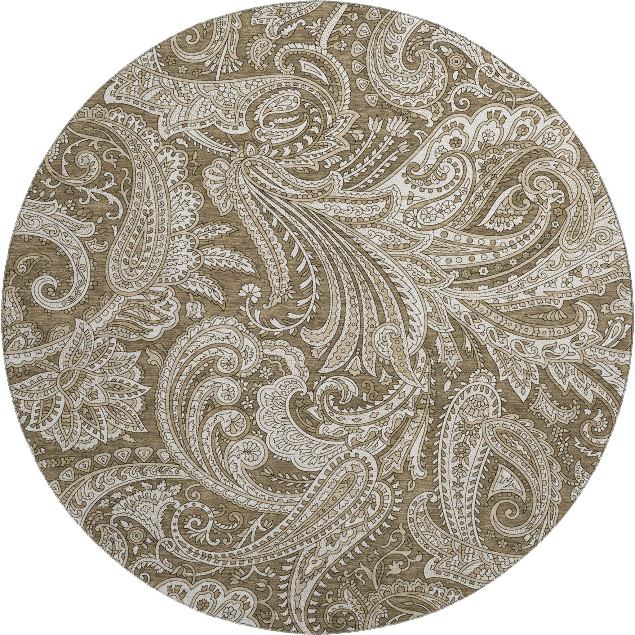 8' Chocolate And Ivory Paisley Washable Round Rug With UV Protection - HomeRoots - Flyclothing LLC
