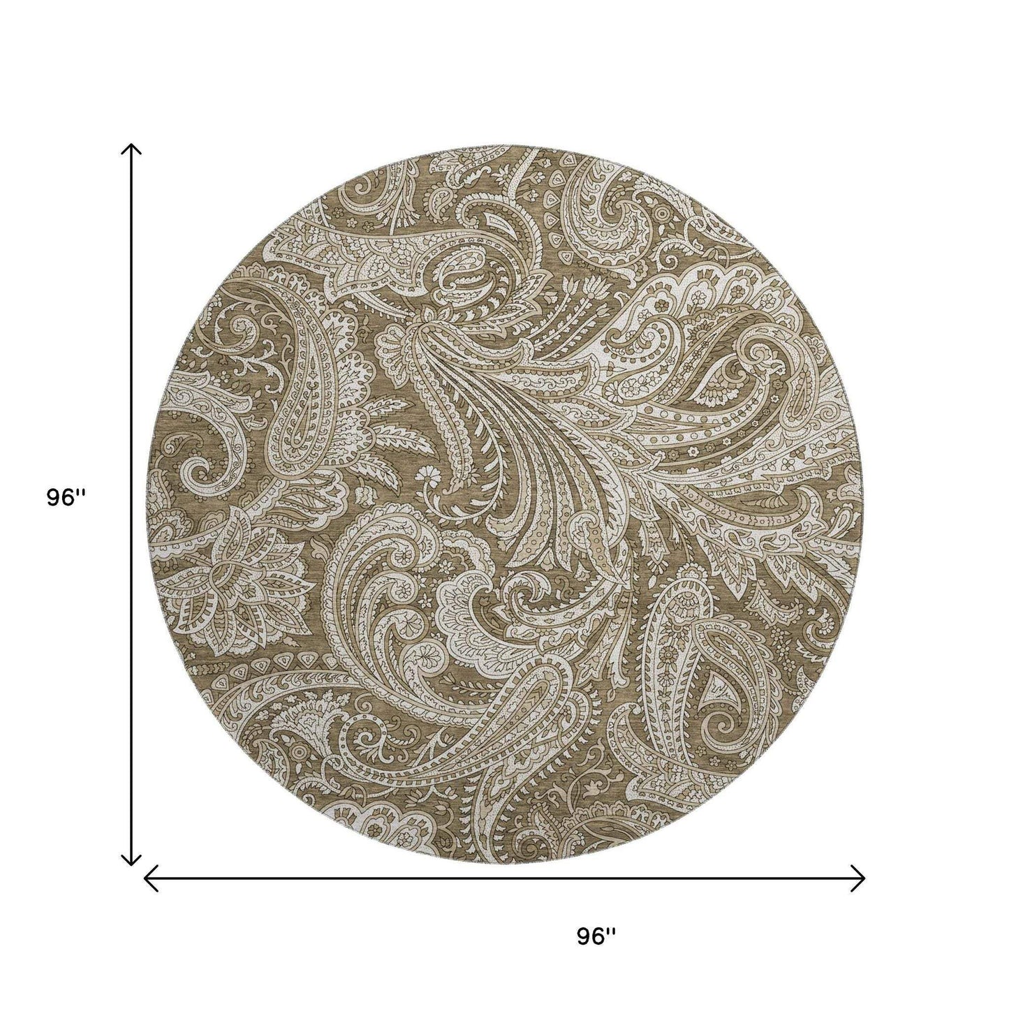8' Chocolate And Ivory Paisley Washable Round Rug With UV Protection - HomeRoots - Flyclothing LLC