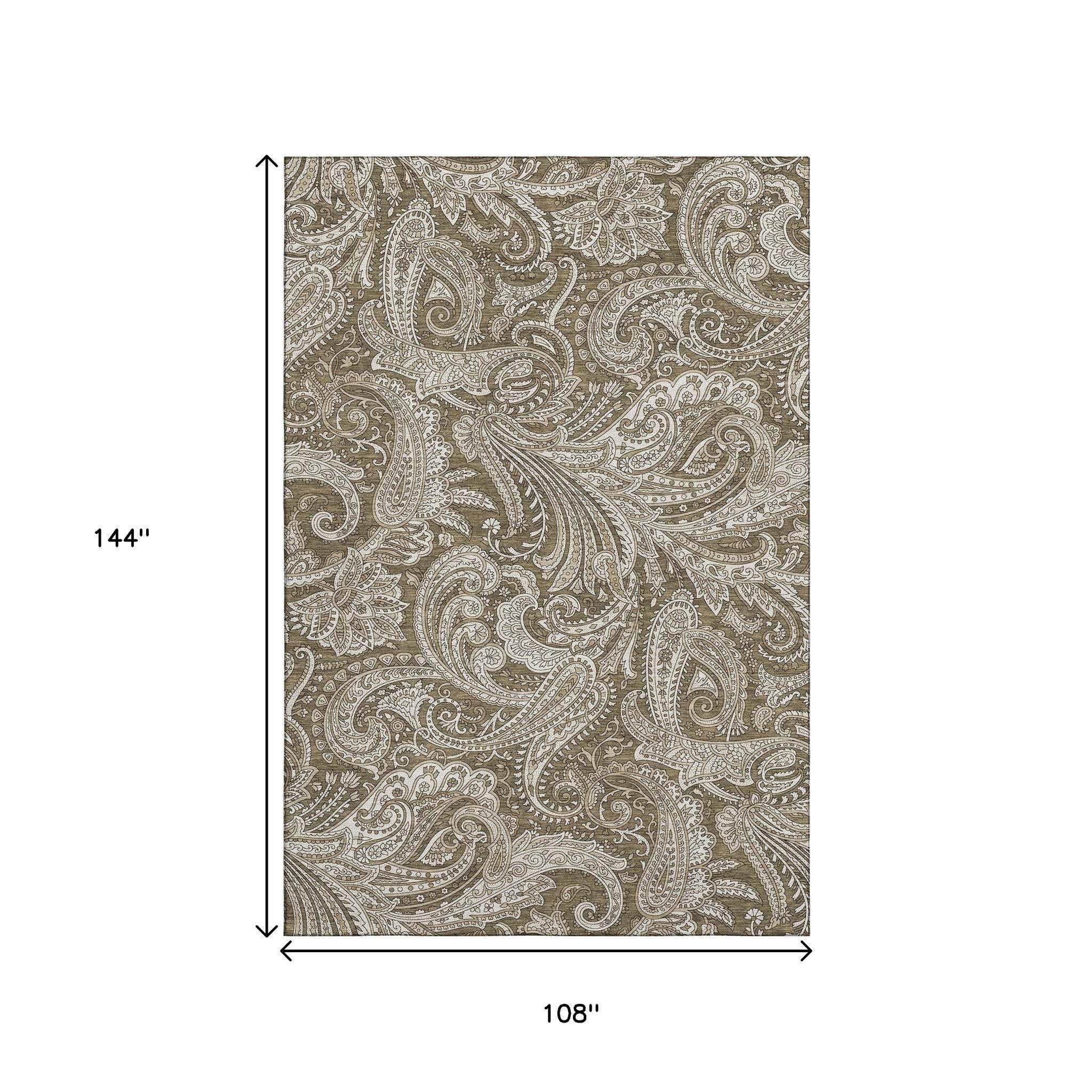 9' X 12' Chocolate And Ivory Paisley Washable Area Rug With UV Protection - HomeRoots - Flyclothing LLC