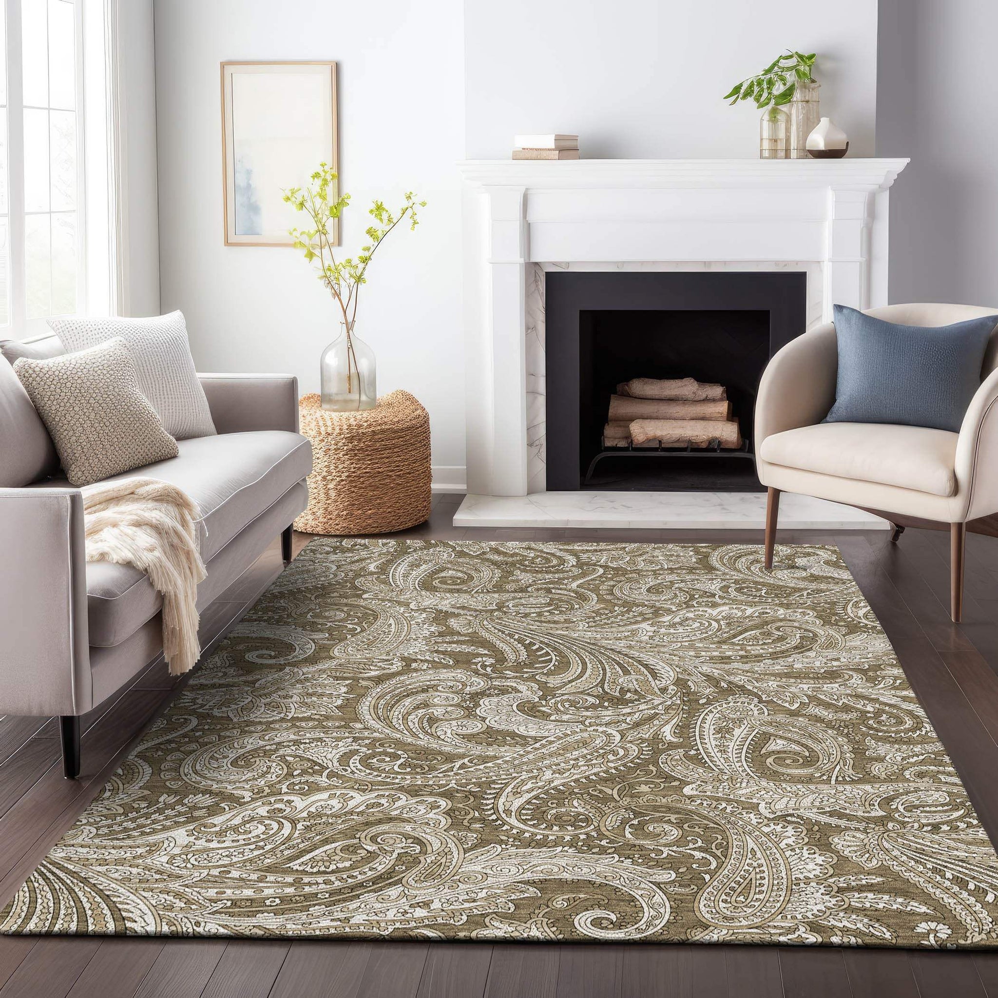 10' X 14' Chocolate And Ivory Paisley Washable Area Rug With UV Protection - HomeRoots - Flyclothing LLC