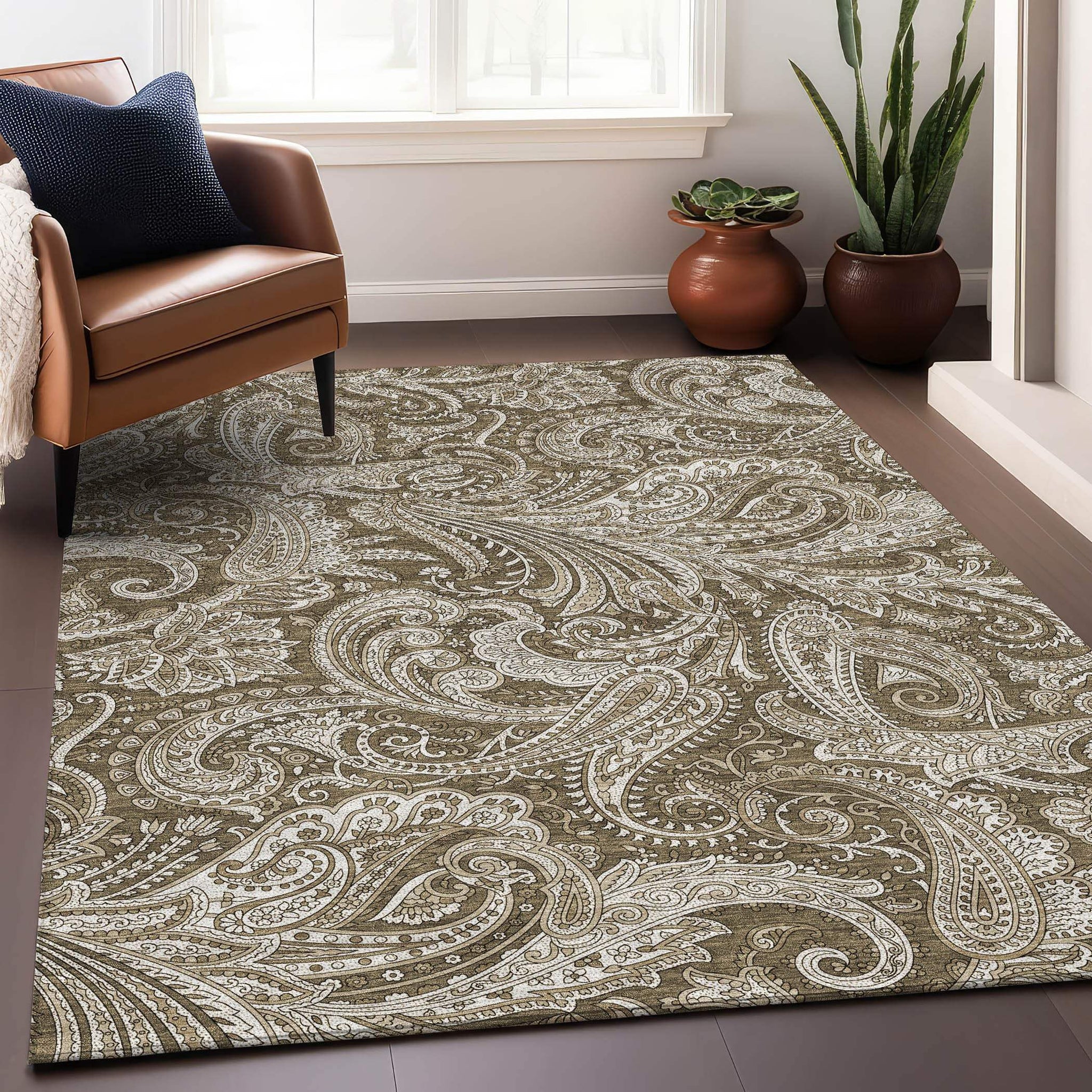 10' X 14' Chocolate And Ivory Paisley Washable Area Rug With UV Protection - HomeRoots - Flyclothing LLC