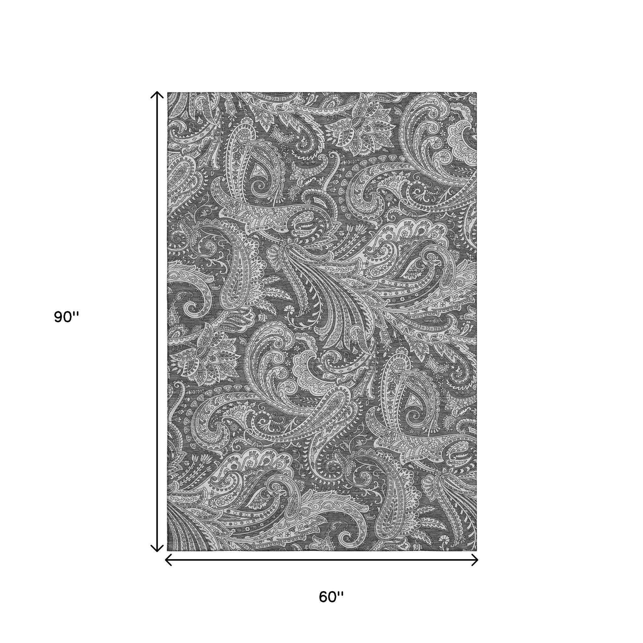 5' X 8' Gray And Ivory Paisley Washable Area Rug With UV Protection - HomeRoots - Flyclothing LLC