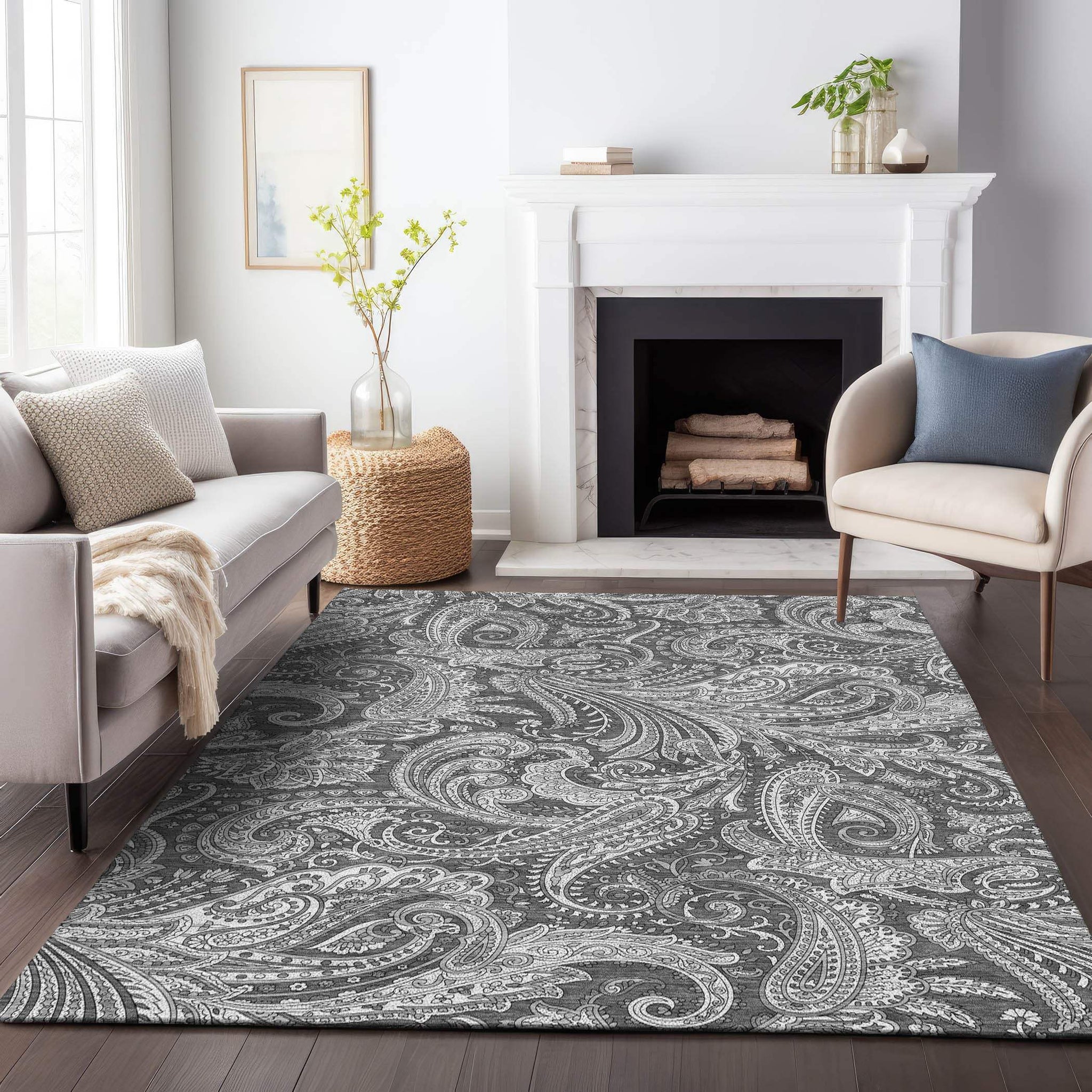 5' X 8' Gray And Ivory Paisley Washable Area Rug With UV Protection - HomeRoots - Flyclothing LLC
