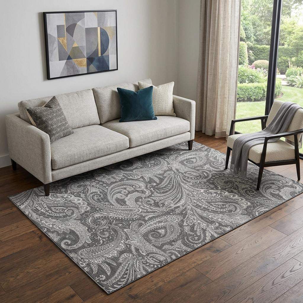 5' X 8' Gray And Ivory Paisley Washable Area Rug With UV Protection - HomeRoots - Flyclothing LLC