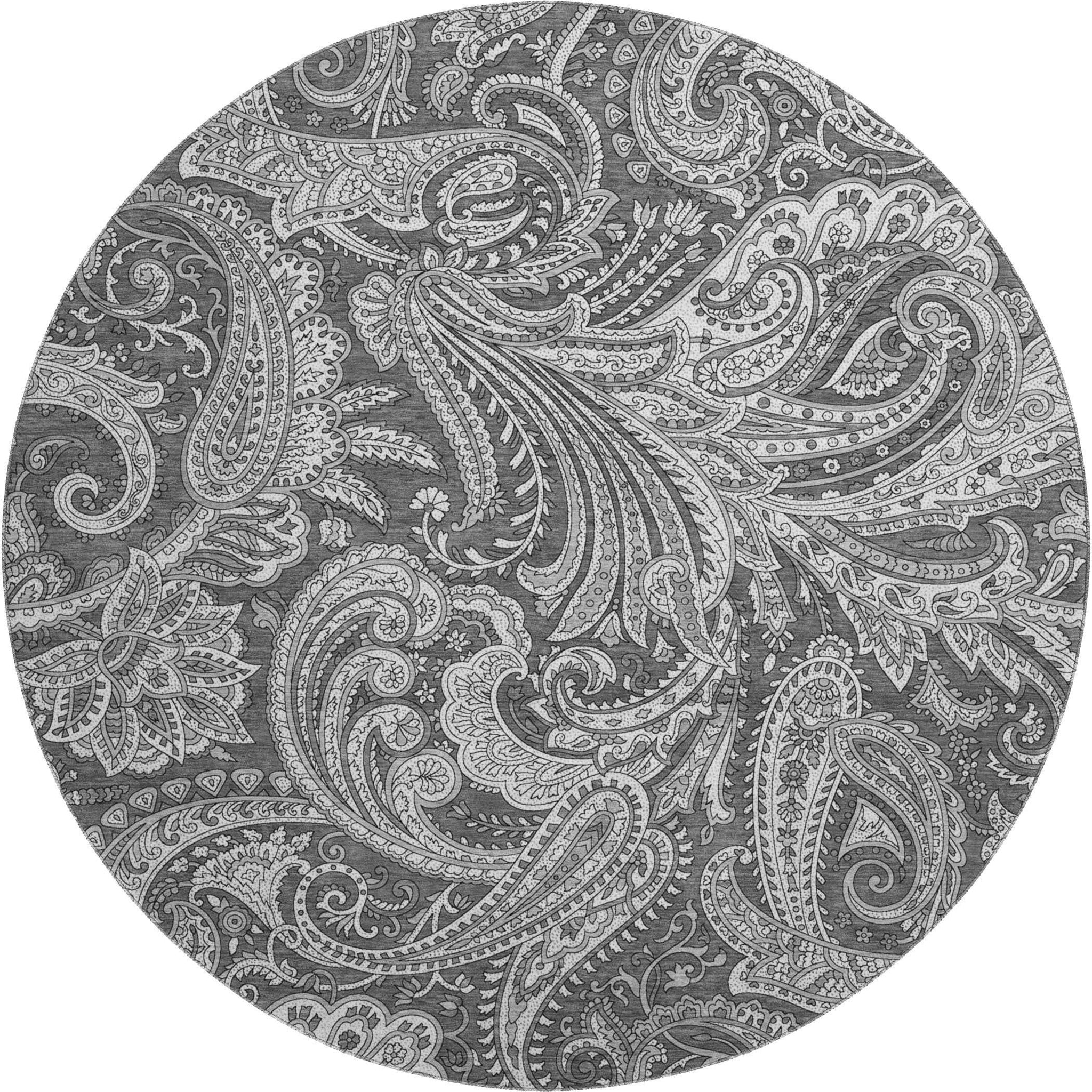 8' Gray And Ivory Paisley Washable Round Rug With UV Protection - HomeRoots - Flyclothing LLC