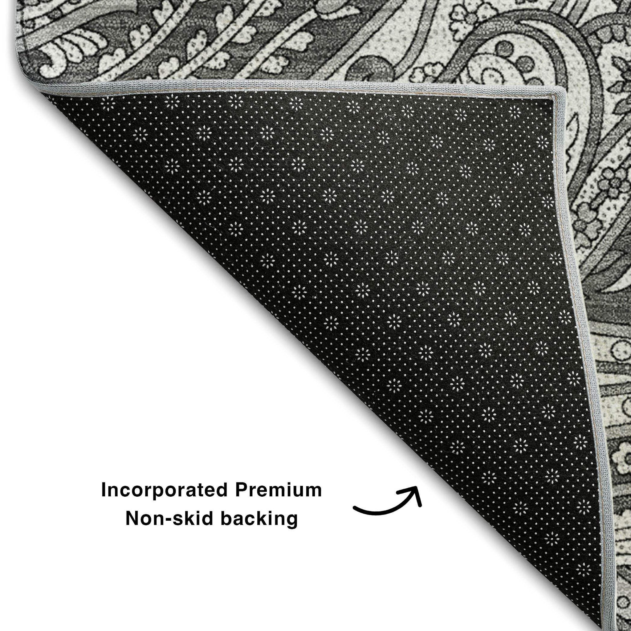 8' Gray And Ivory Paisley Washable Round Rug With UV Protection - HomeRoots - Flyclothing LLC