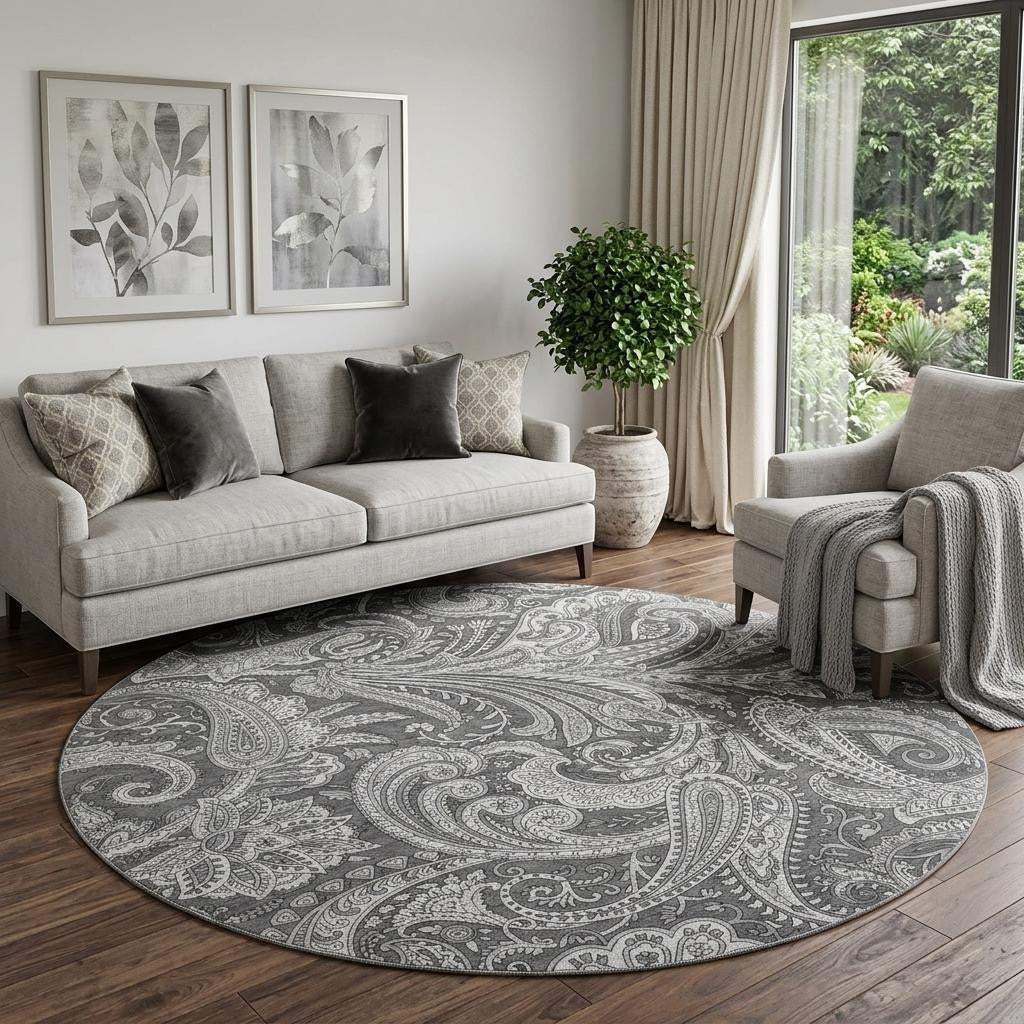 8' Gray And Ivory Paisley Washable Round Rug With UV Protection - HomeRoots - Flyclothing LLC