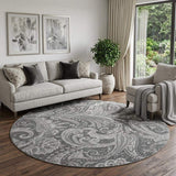 8' Gray And Ivory Paisley Washable Round Rug With UV Protection - HomeRoots - Flyclothing LLC